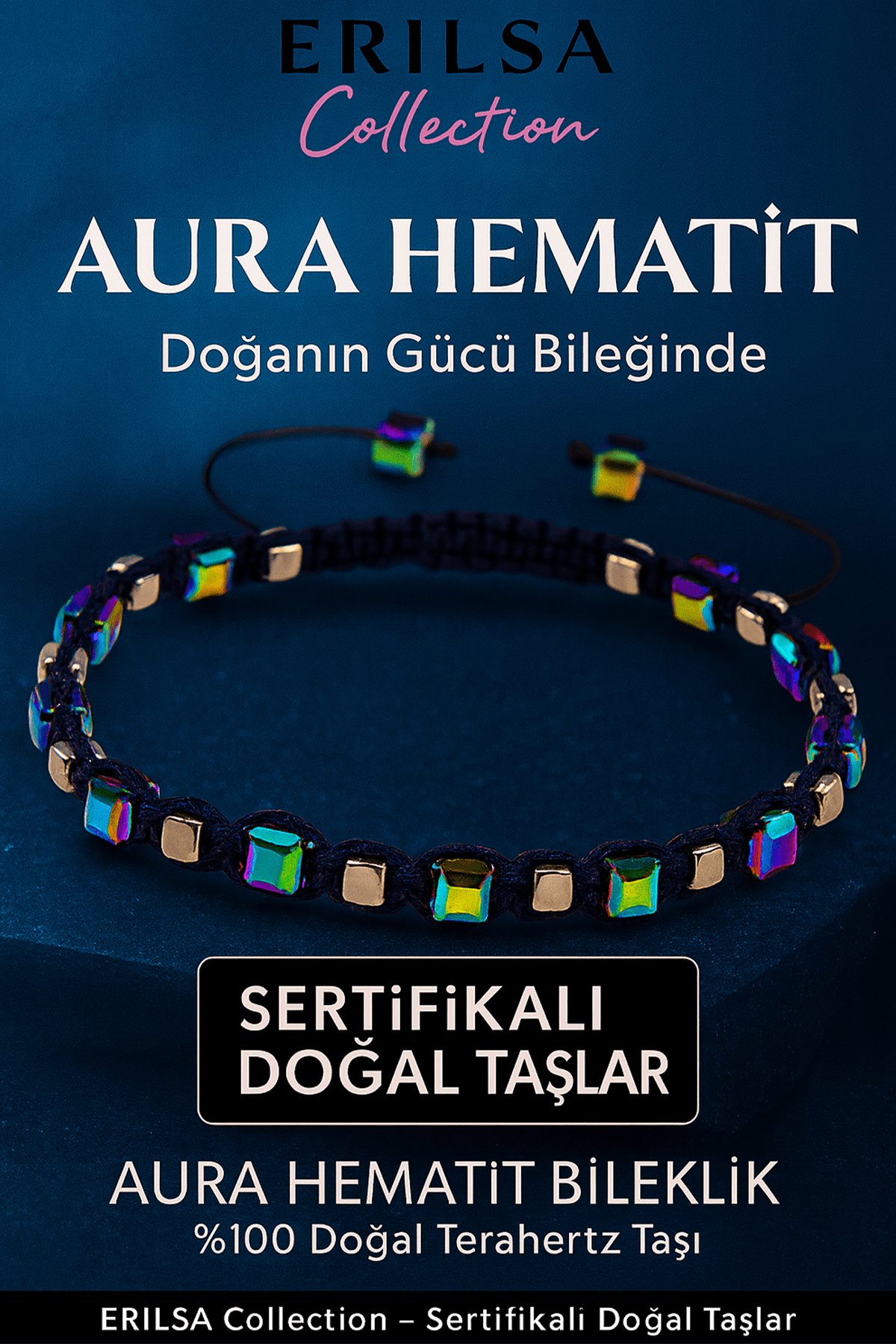 Sertifikalı Küp Kesim Terahertz Aura Hematit Doğal Taş Bileklik İnce Model