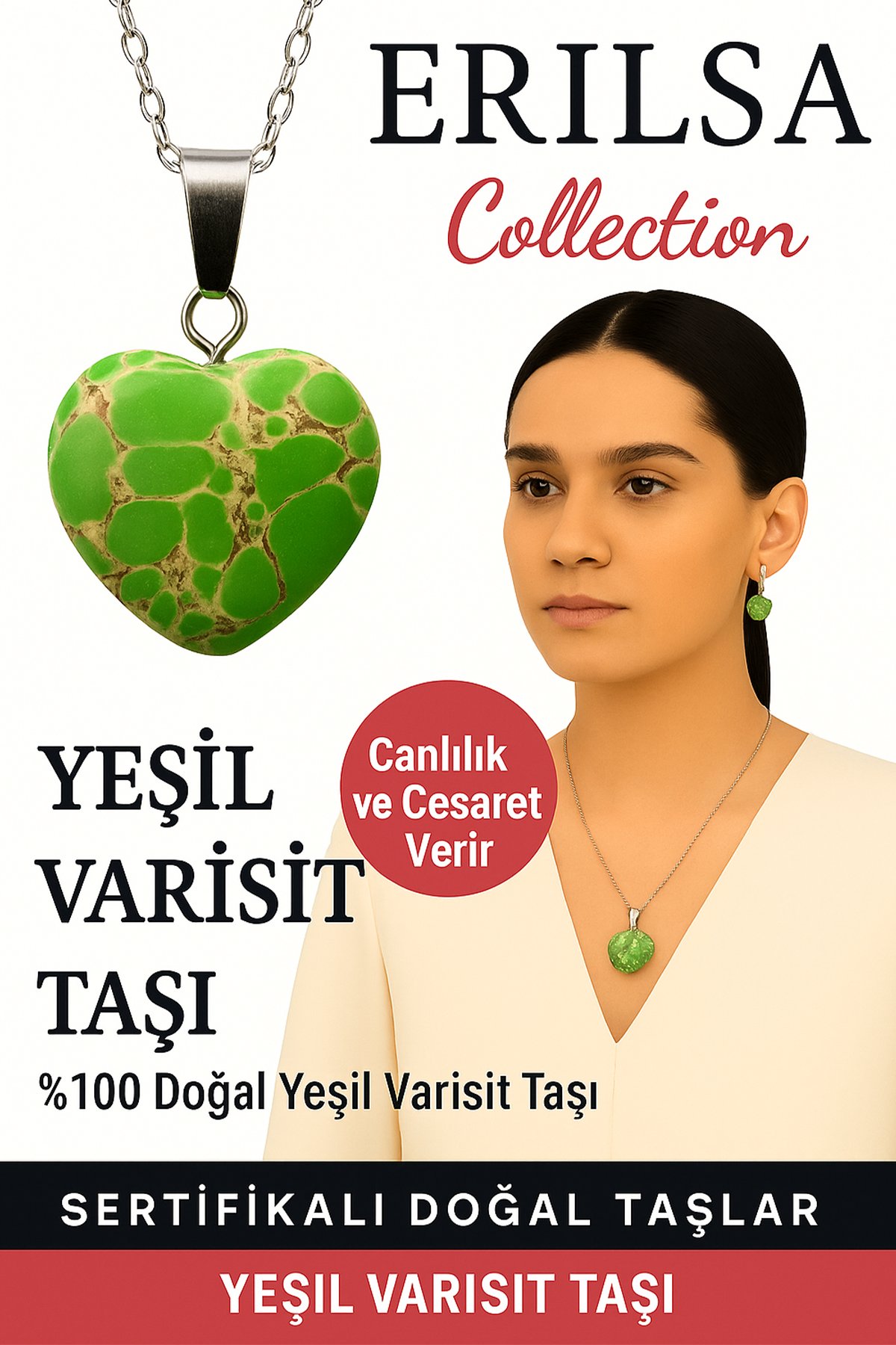 Sertifikalı Kalp Model Yeşil Varisit Doğal Taş Kolye – Canlılık Cesaret ve Ruhsal Denge Taşı