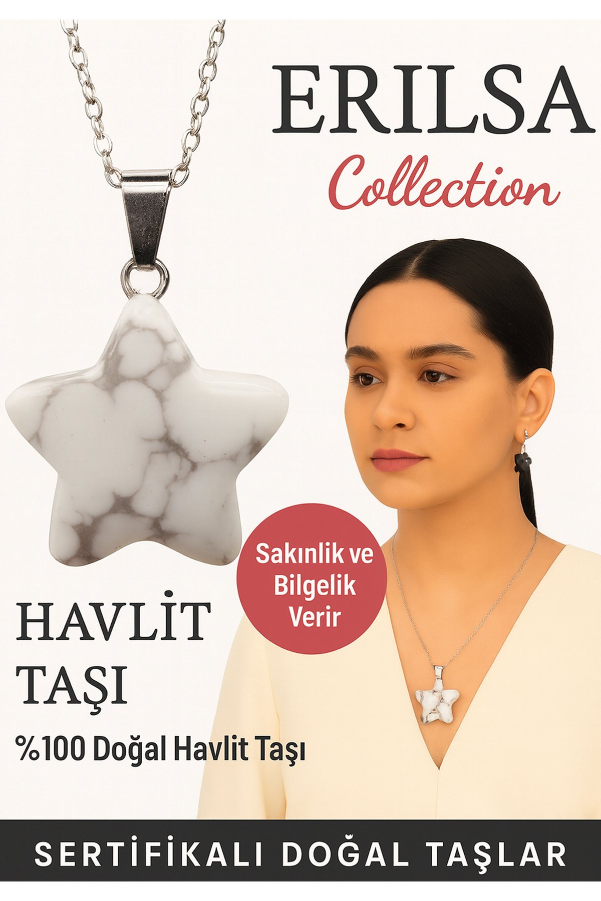 Sertifikalı Yıldız Model Beyaz Havlit Doğal Taş Kolye – Sakinlik ve Bilgelik Verir