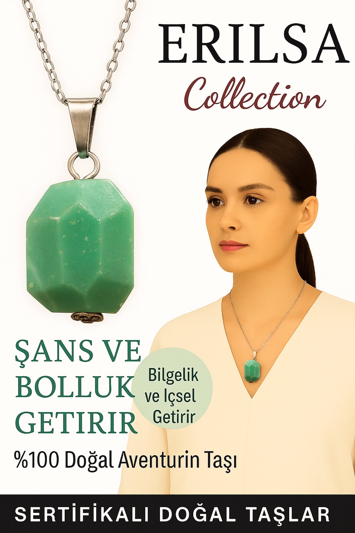 Sertifikalı Fasetli Aventurin Doğal Taş Kolye – Şans Bolluk İçsel Güç ve Huzur Taşı