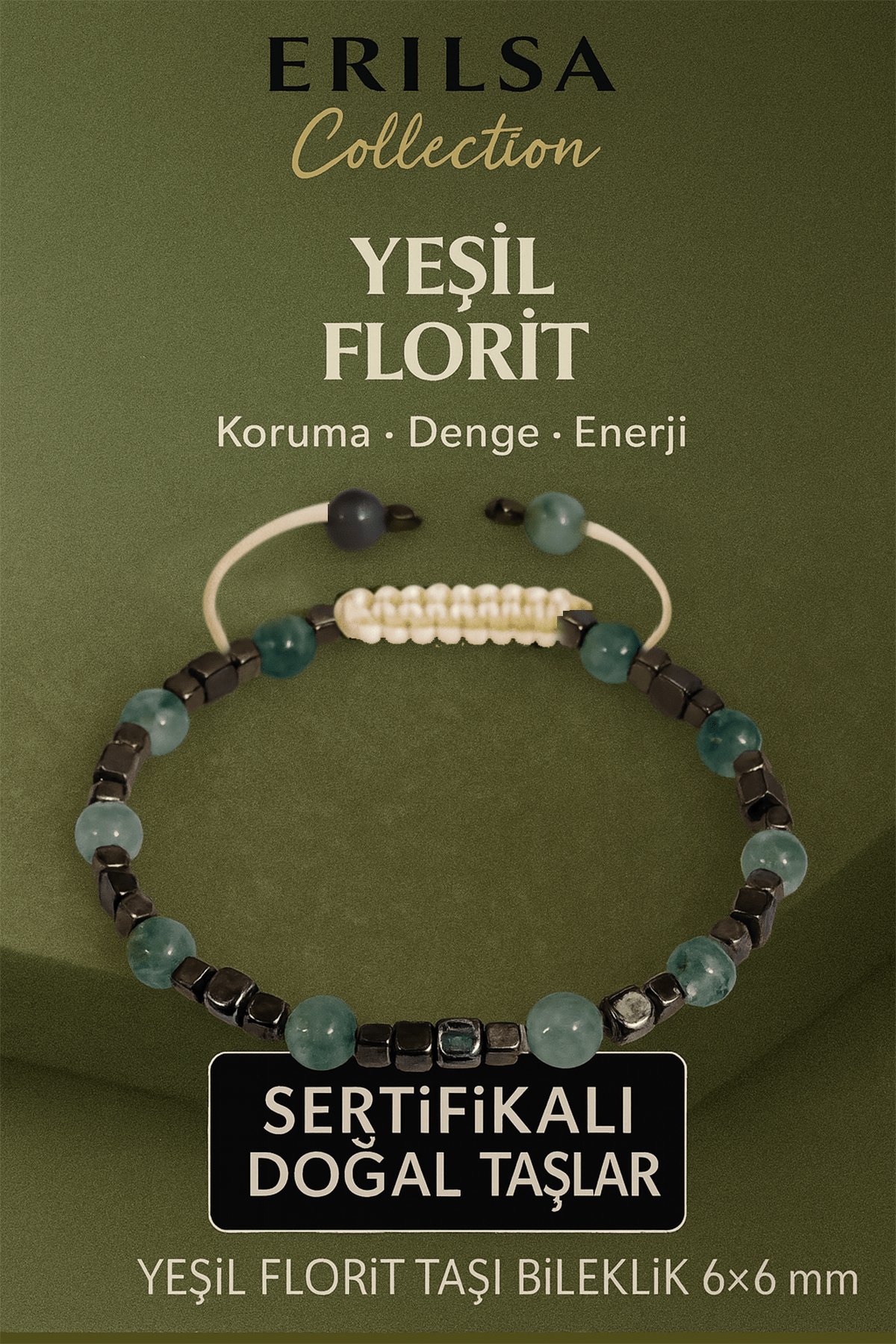 Sertifikalı Doğal Terahertz Yeşil Florit Taşı Bileklik 6x6 mm - Koruma ve Denge Taşı