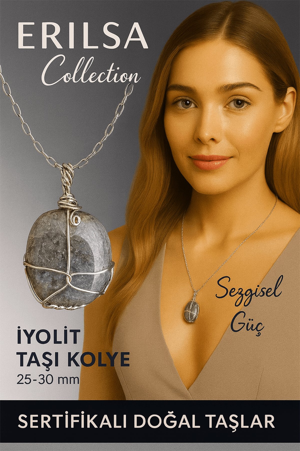 Sertifikalı Gümüş Tel Sargılı Doğal İyolit Taşı Kolye – 25-30 mm Sezgi ve Ruhsal Denge Taşı