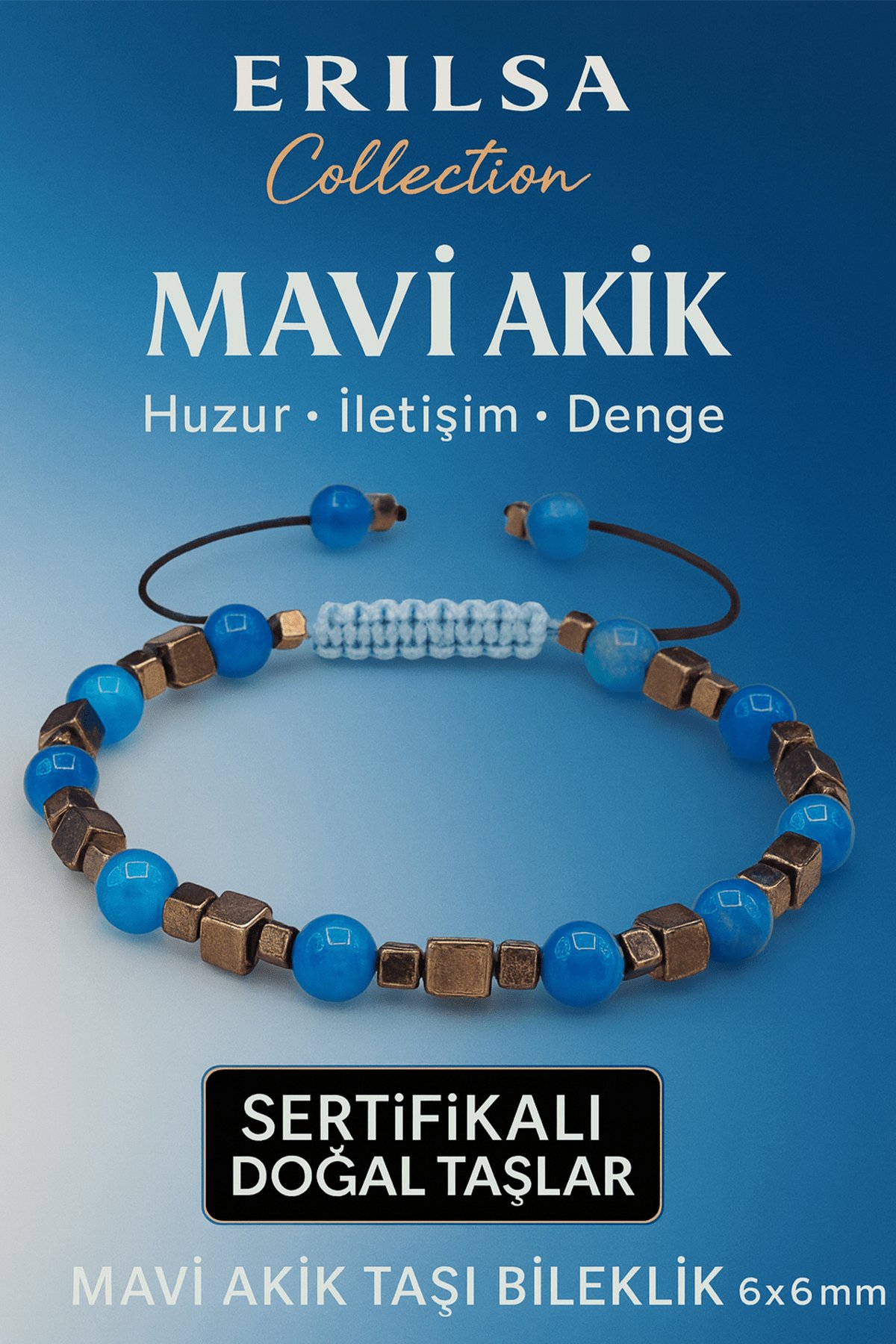 Sertifikalı Doğal Terahertz Mavi Akik Taşı Bileklik 6x6 mm - Huzur ve Denge Taşı