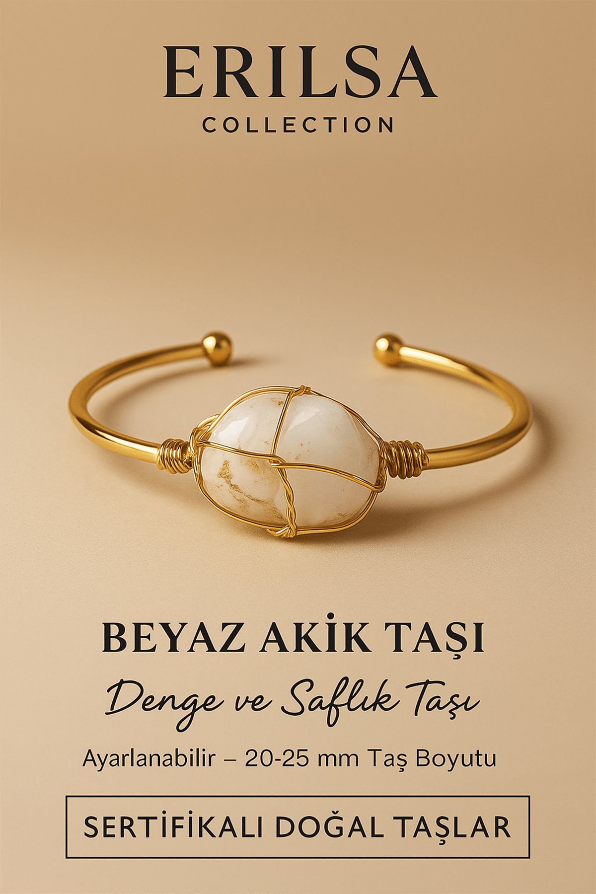 Sertifikalı Doğal Beyaz Akik Taşı Ayarlanabilir 24K Altın Kaplama Bileklik 20-25 mm