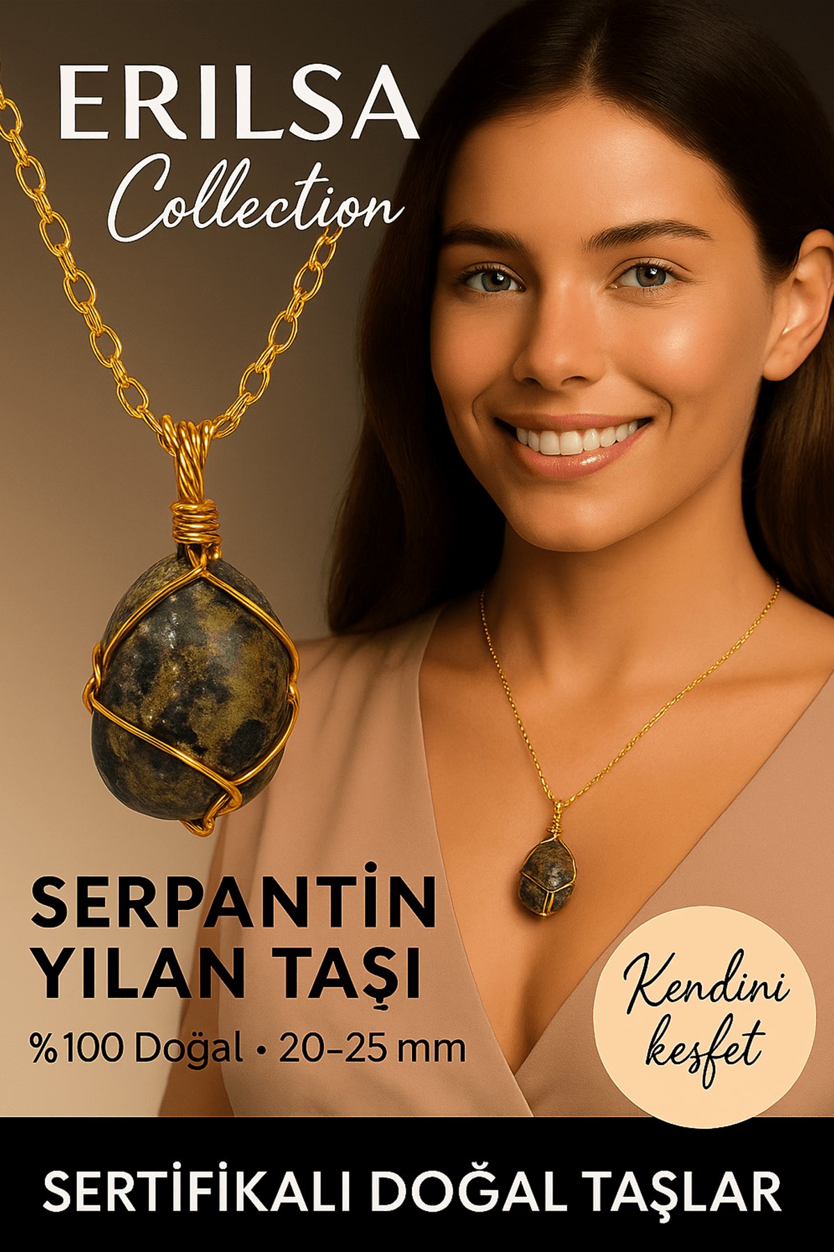 Sertifikalı Gold Renkli Doğal Tel Sargılı Serpantin Yılan Taşı Kolye – Dönüşüm ve Koruma Taşı