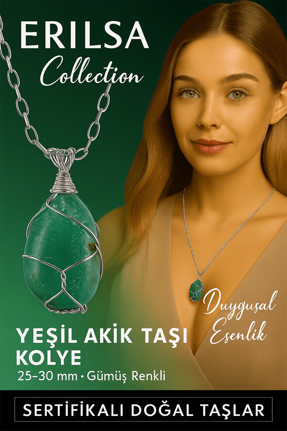 Sertifikalı Gümüş Tel Sargılı Doğal Yeşil Akik Taşı Kolye – 25-30 mm Huzur ve Denge Taşı