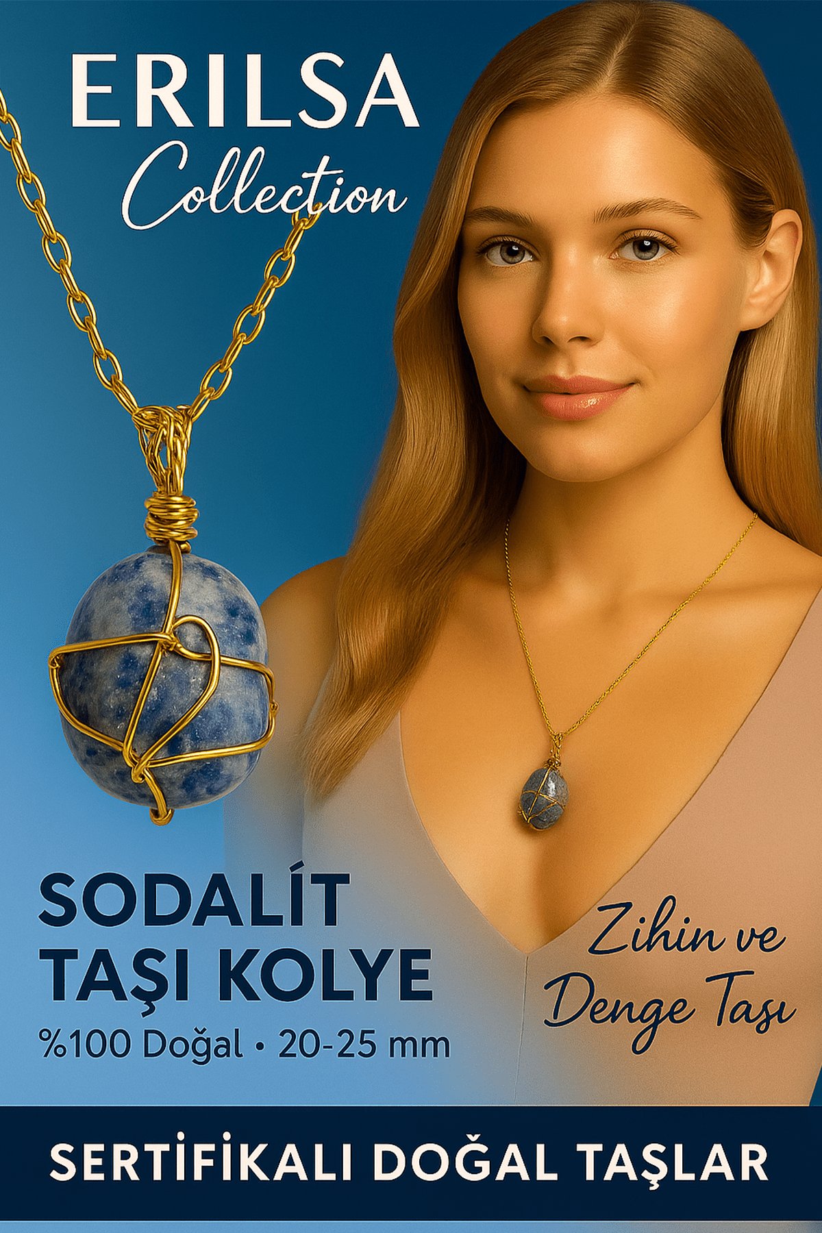 Sertifikalı Gold Renkli Doğal Sodalit Taşı Kolye – Zihin ve Denge Taşı