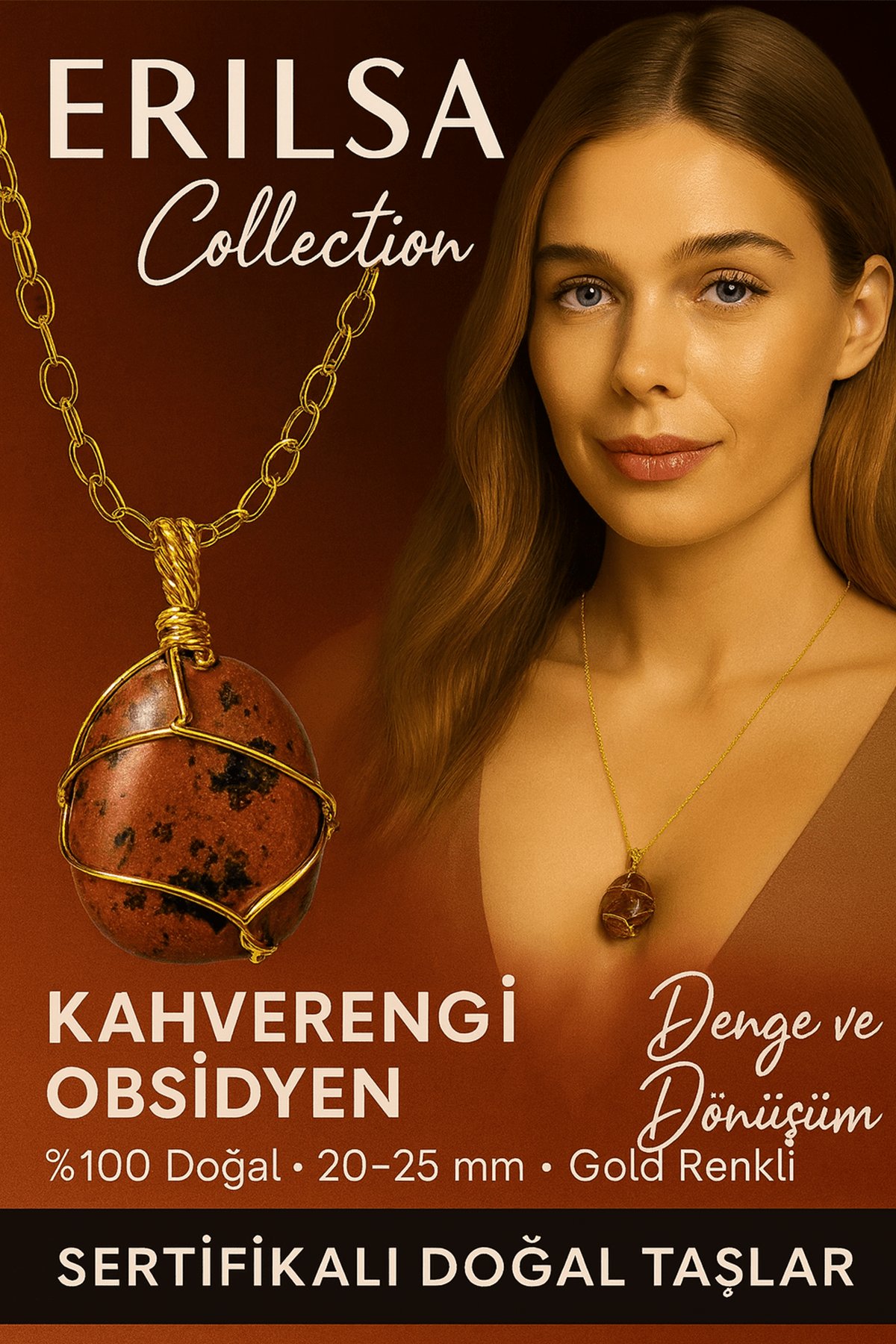 Sertifikalı Tel Sargılı Doğal Kahverengi Obsidyen Taşı Kolye – Altın Kaplama Koruma Taşı