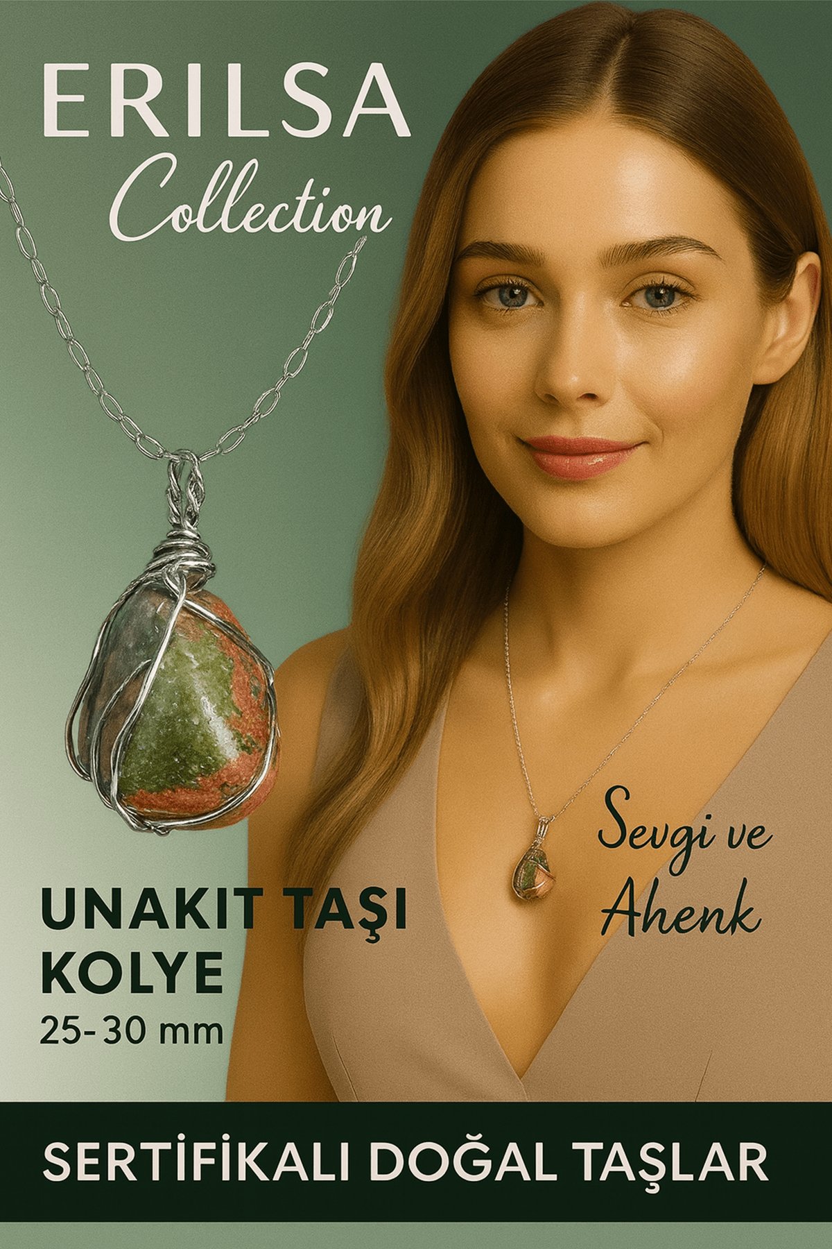 Sertifikalı Gümüş Tel Sargılı Doğal Unakit Taşı Kolye – 25-30 mm Denge ve Şifa Taşı