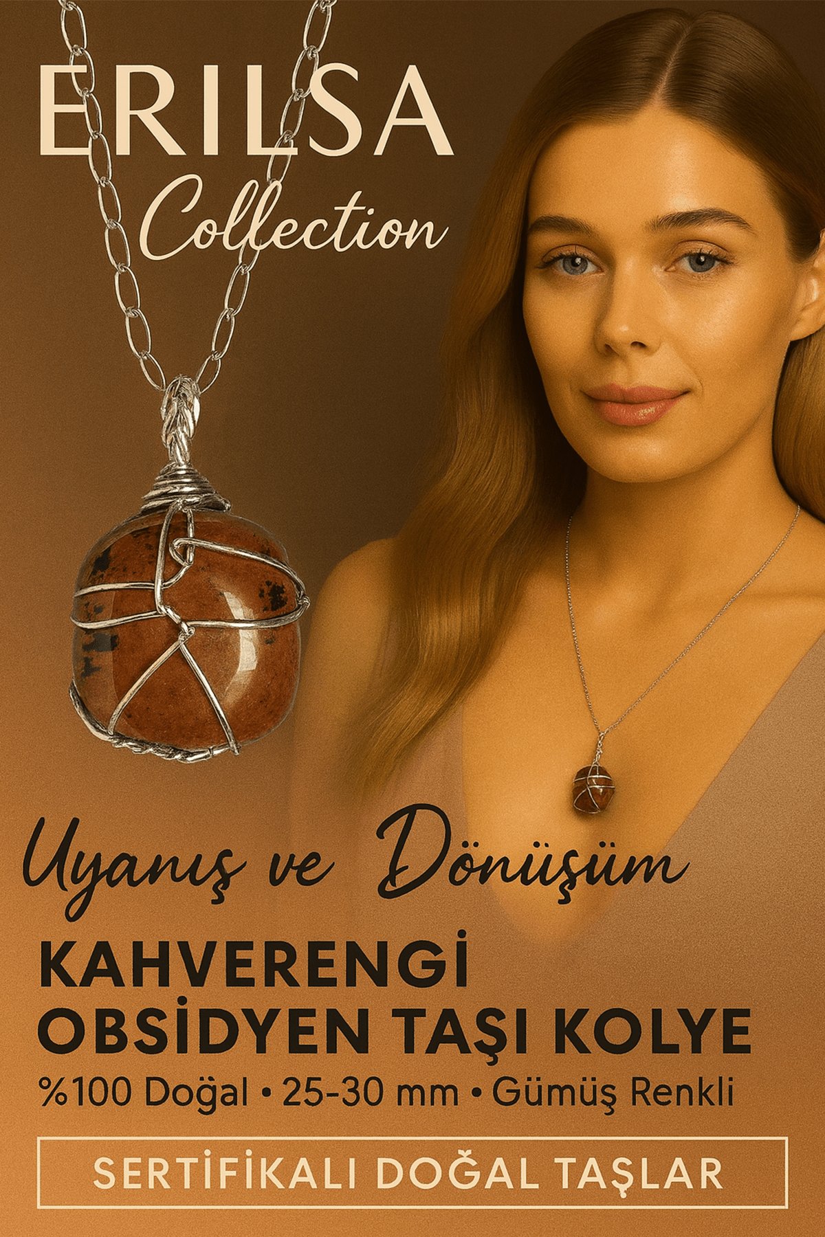 Sertifikalı Gümüş Tel Sargılı Kahverengi Obsidyen Taşı Kolye – 30-35 mm Koruma ve Dönüşüm Taşı