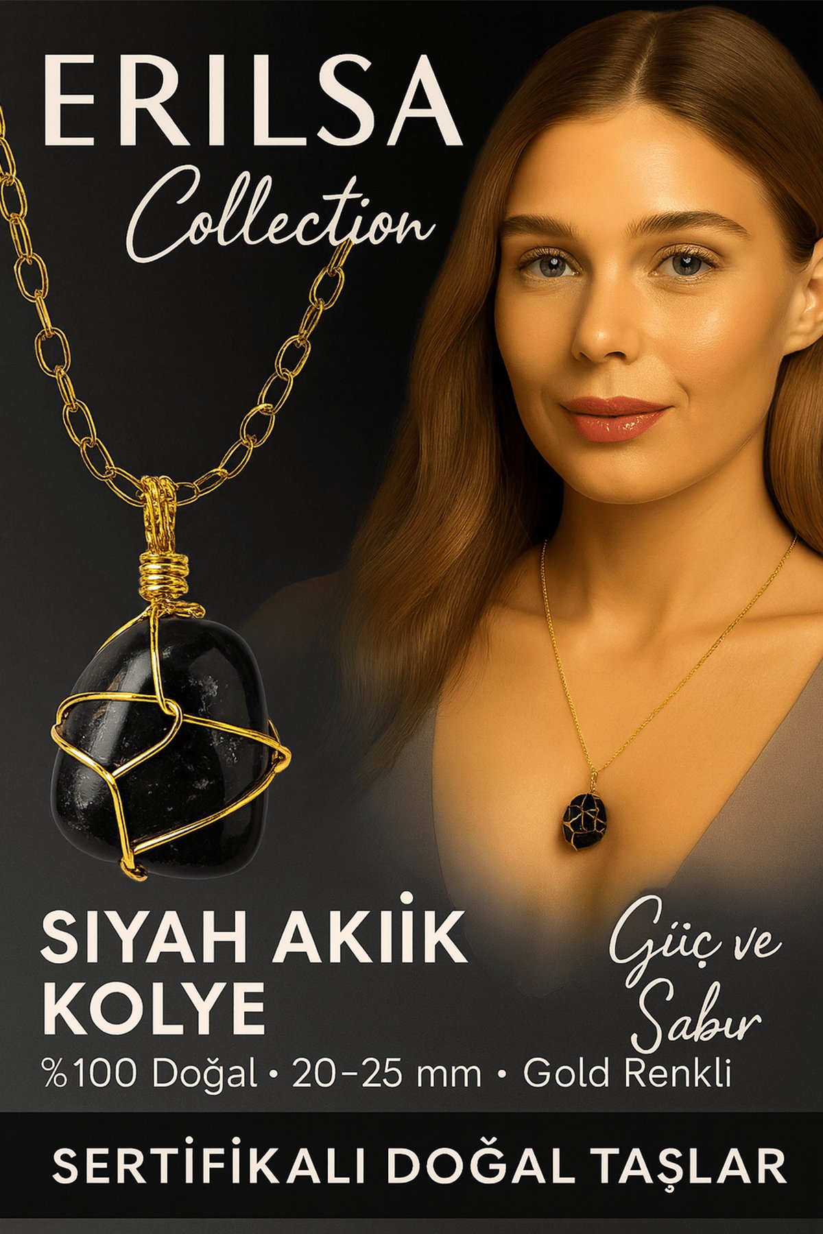 Sertifikalı Tel Sargılı Doğal Siyah Akik Taşı Kolye – Altın Kaplama Koruma ve Denge Taşı