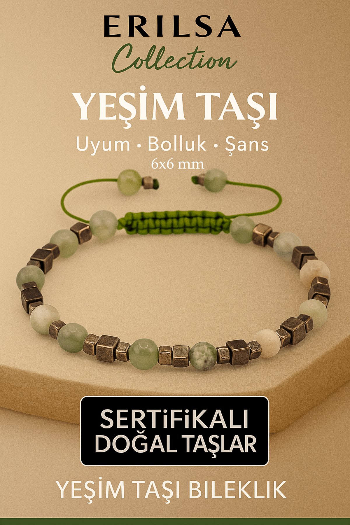 Sertifikalı Doğal Terahertz Yeşim Taşı Bileklik 6x6 mm - Bolluk ve Şans Taşı