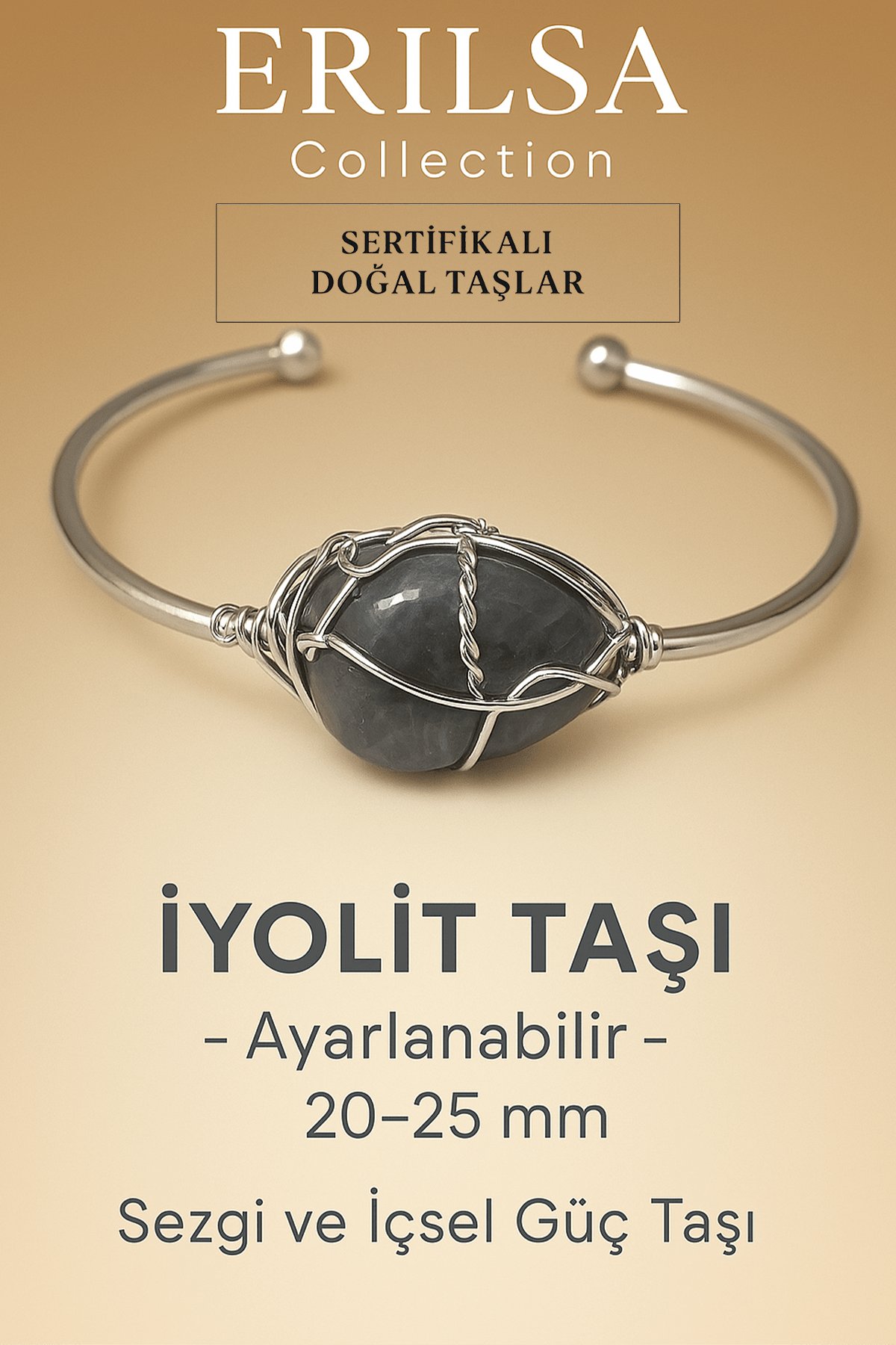 Sertifikalı Doğal İyolit Taşı Gümüş Kaplama Ayarlanabilir Bileklik – Sezgi ve İçsel Güç