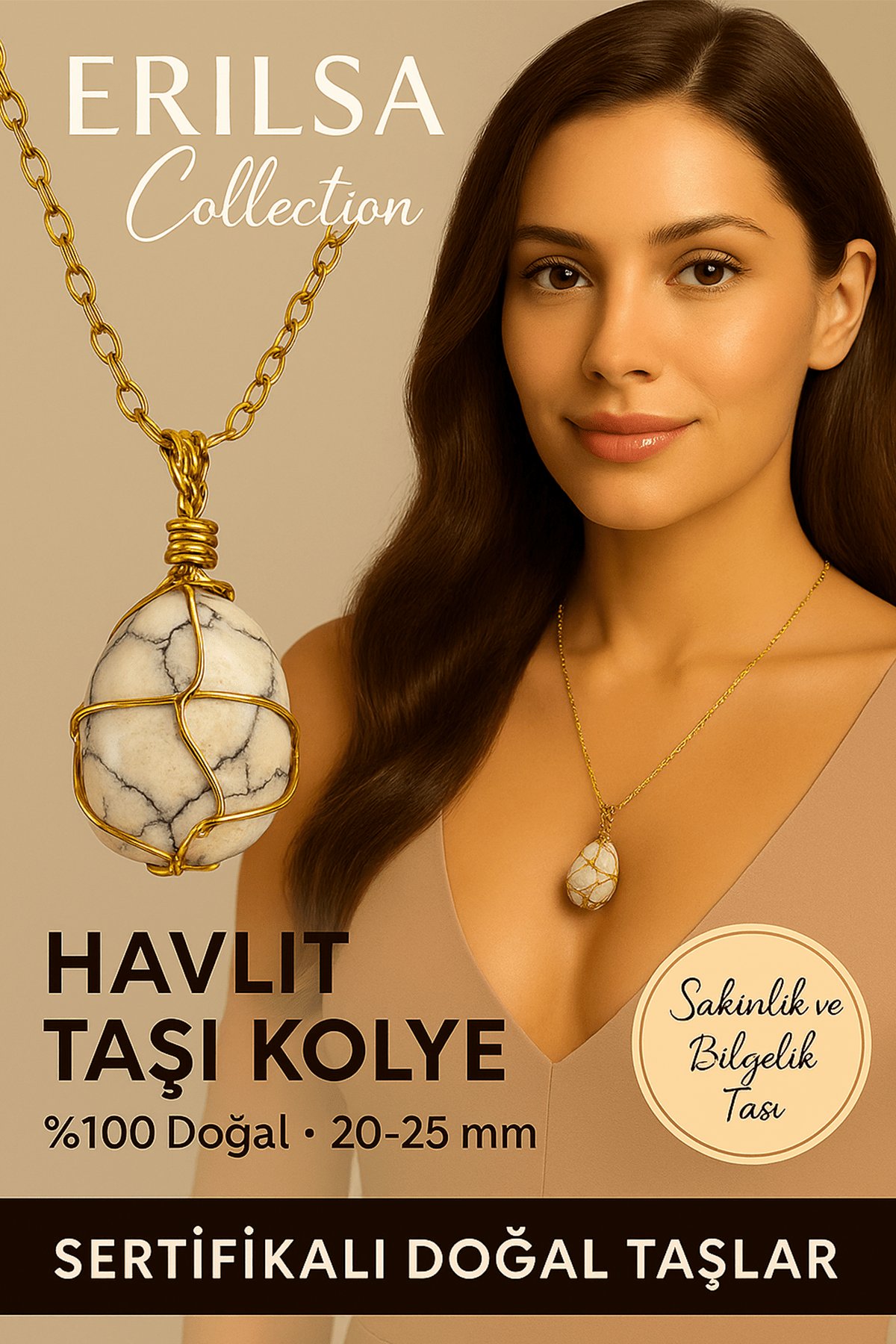 Sertifikalı Tel Sargılı Doğal Havlit Taşı Kolye – Altın Kaplama Sakinlik ve Bilgelik Taşı