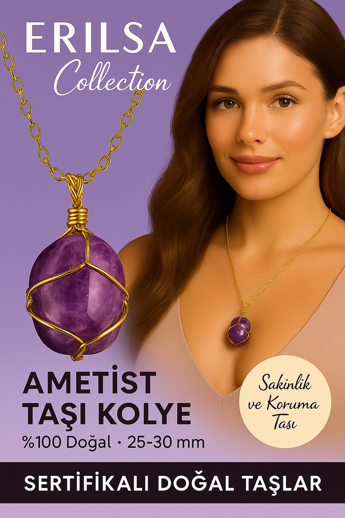 Sertifikalı Tel Sargılı Doğal Ametist Taşı Kolye – Altın Kaplama Sakinlik ve Koruma Taşı