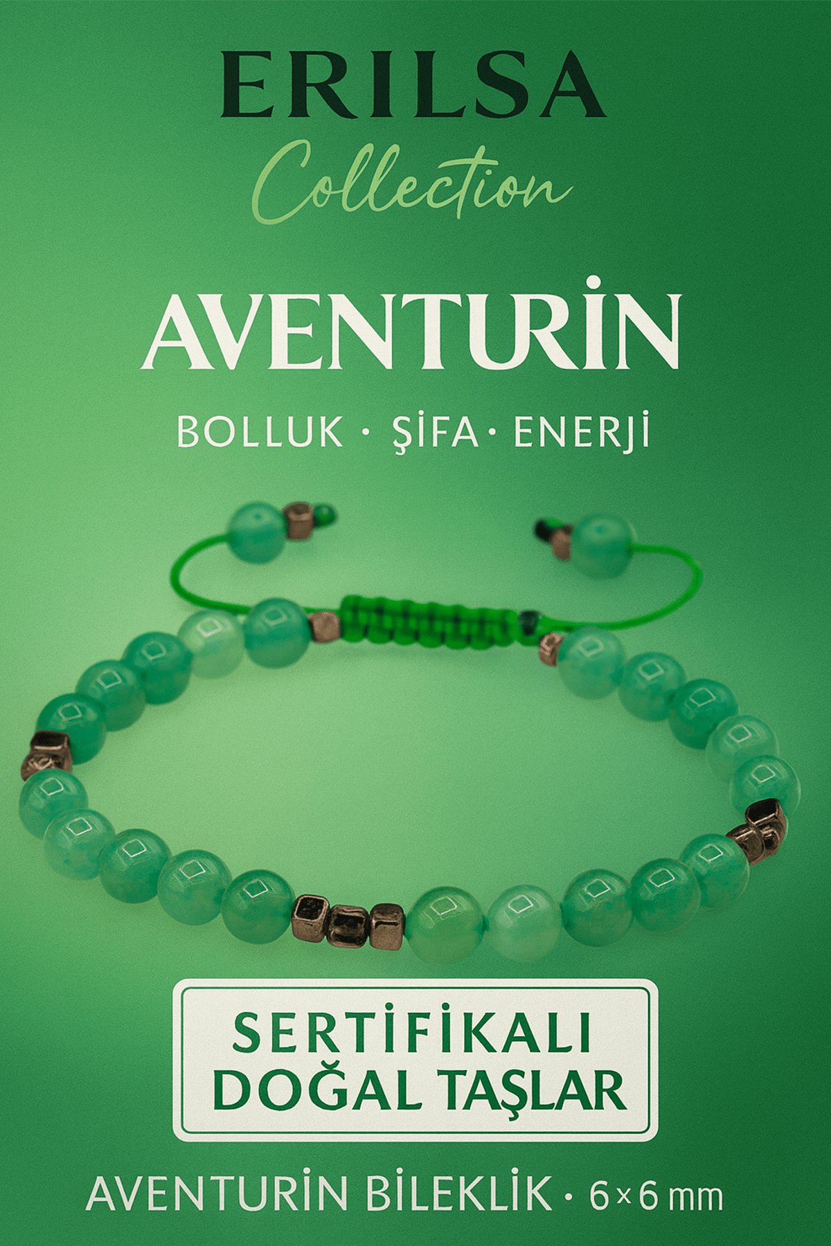 Sertifikalı Doğal Terahertz Aventurin Taşı Bileklik 6x6 mm - Bolluk ve Şifa Taşı