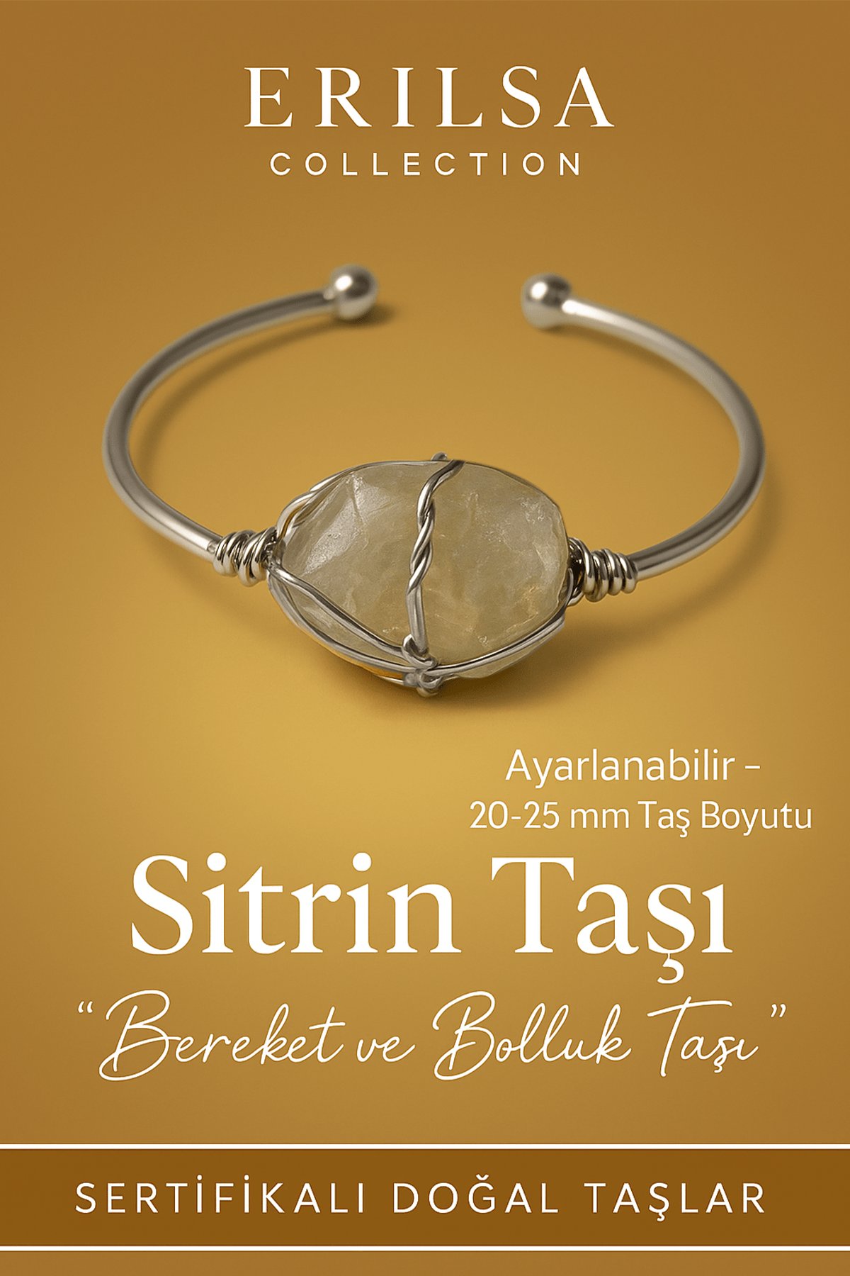 Sertifikalı Doğal Sitrin Taşı Gümüş Kaplama Ayarlanabilir Bileklik – Bereket ve Bolluk Taşı