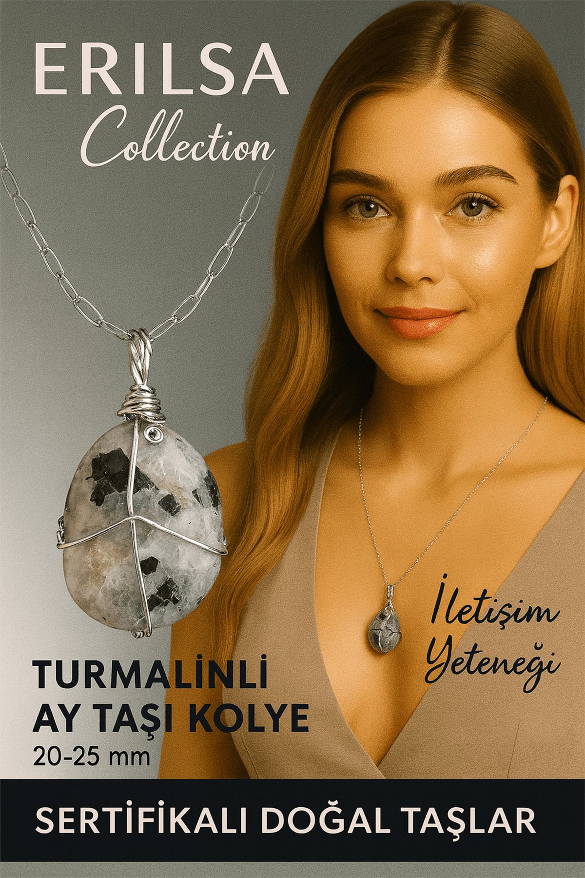 Sertifikalı Gümüş Tel Sargılı Doğal Turmalinli Ay Taşı Kolye – 25-30 mm Sezgi ve Denge Taşı