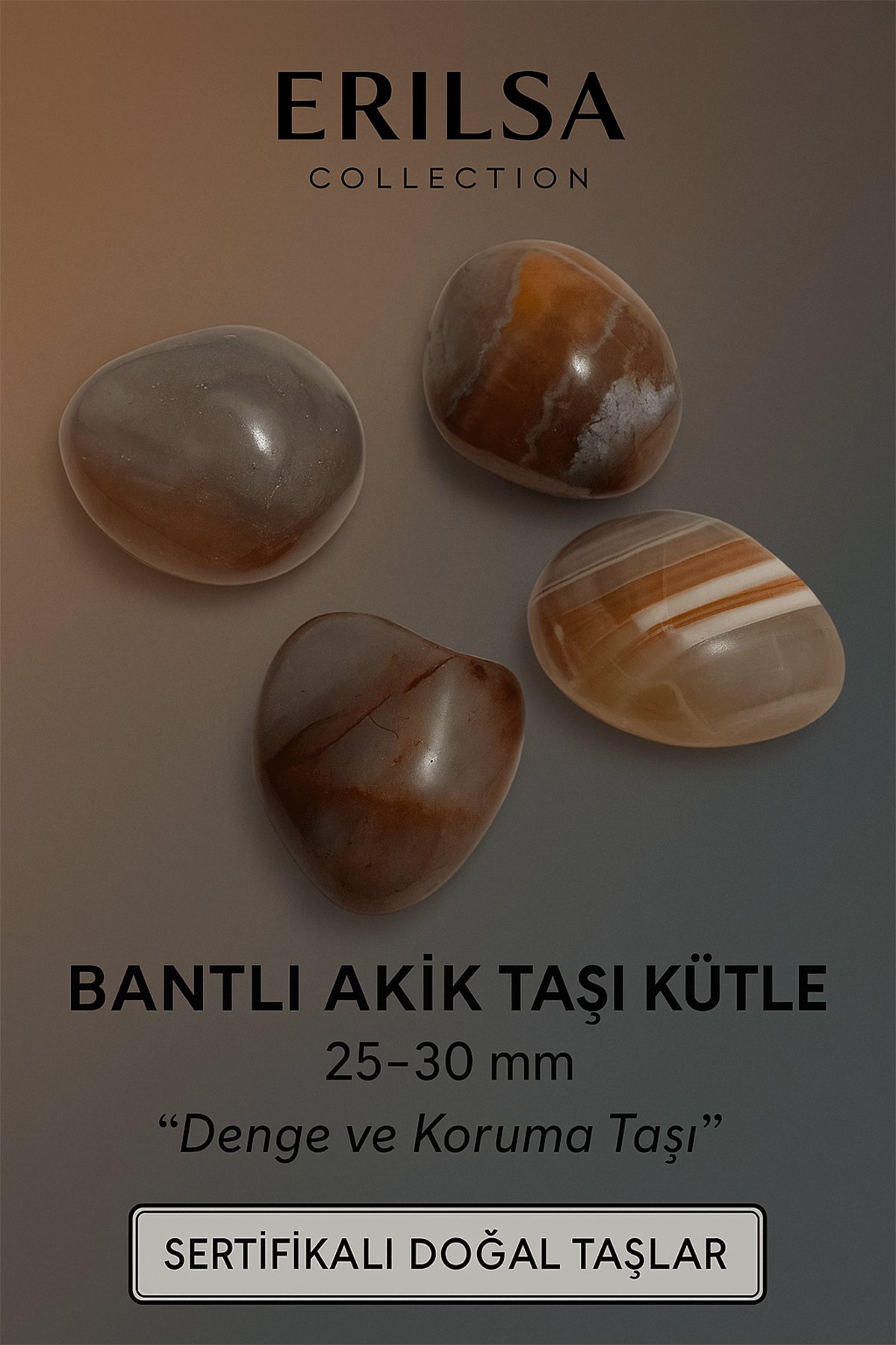 Sertifikalı Bantlı Akik Taşı Kütle 25–30 mm Denge Koruma ve Topraklanma Taşı