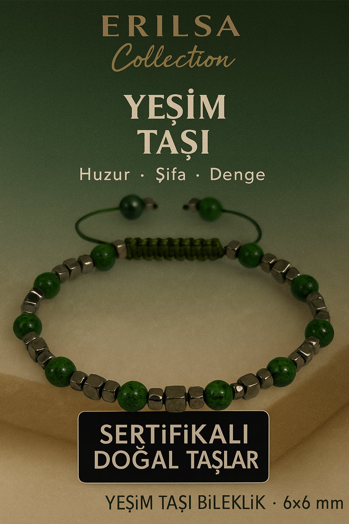 Sertifikalı Doğal Terahertz Yeşim Taşı Bileklik 6x6 mm - Huzur ve Denge Taşı