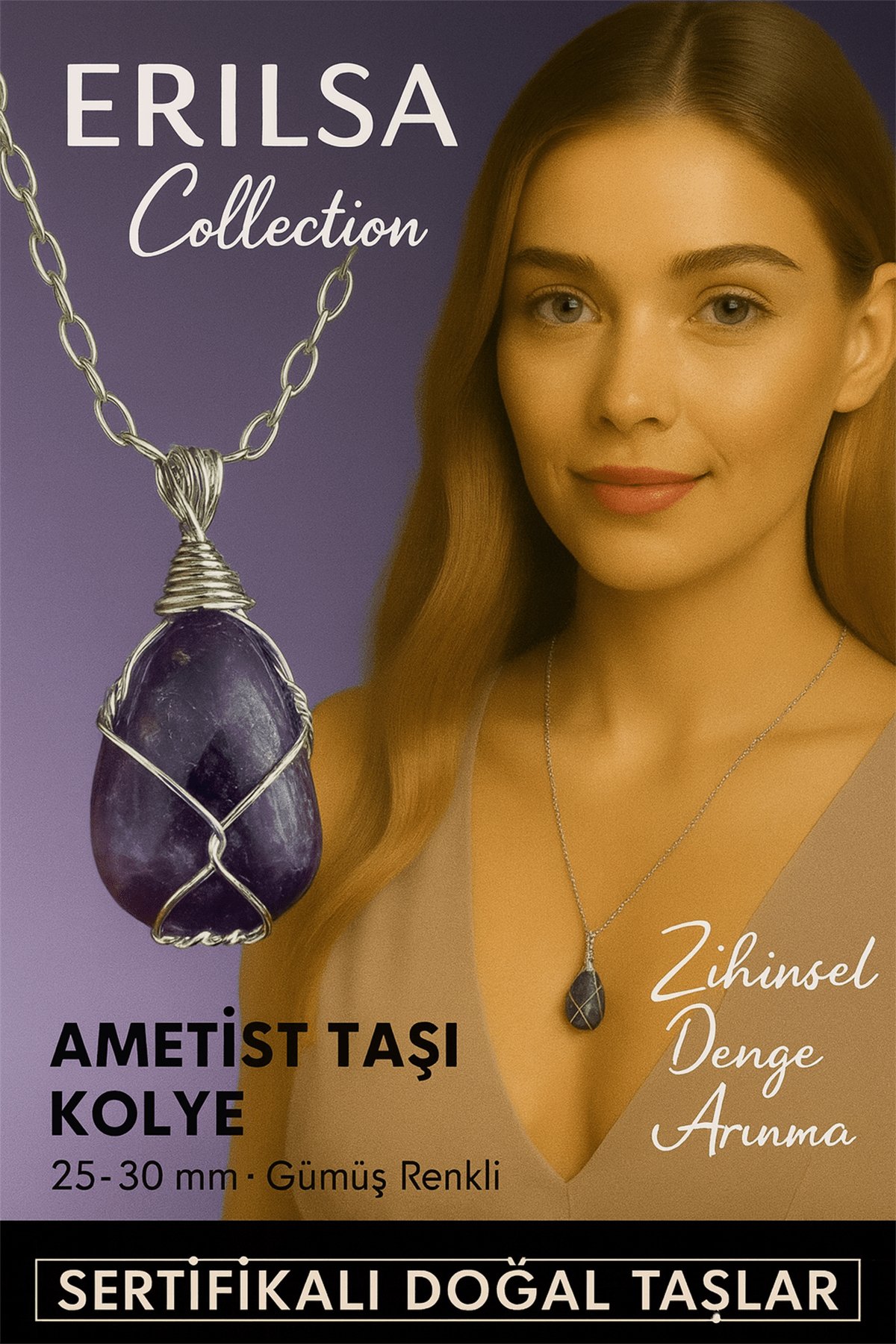 Sertifikalı Gümüş Tel Sargılı Doğal Koyu Ametist Taşı Kolye – 30-35 mm Huzur ve Sezgi Taşı