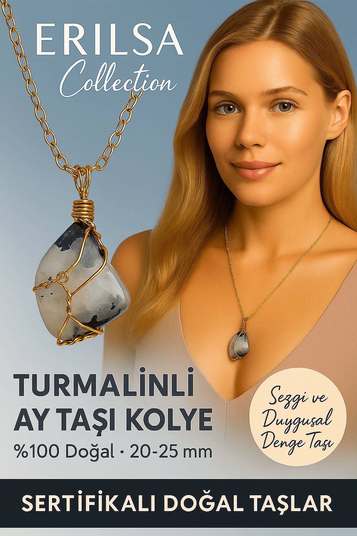 Sertifikalı Gold Renkli Turmalinli Ay Taşı Kolye – Sezgi ve Duygusal Denge Taşı