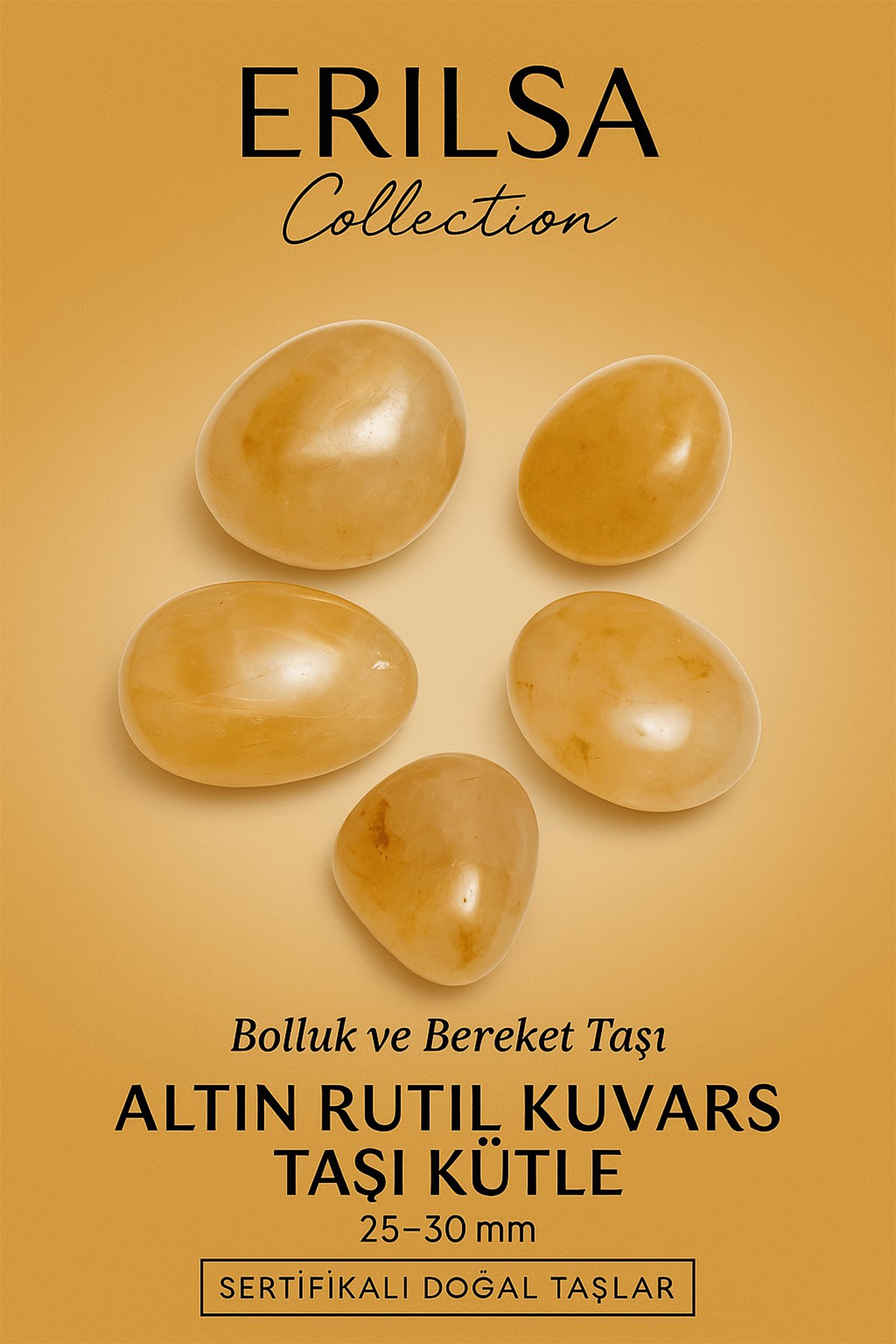 Sertifikalı Altın Rutil Kuvars Taşı Kütle 25–30 mm Bolluk Bereket ve Işık Enerjisi Taşı