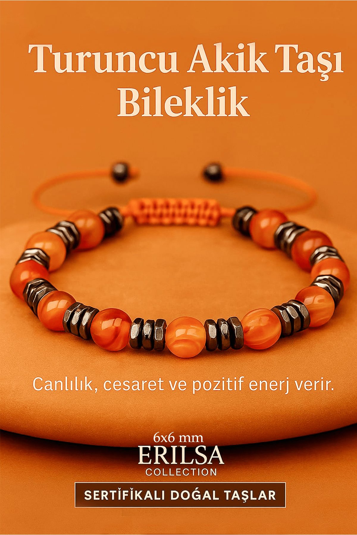 Sertifikalı Turuncu Akik Taşı Bileklik 6x6 mm – Canlılık, Cesaret ve Motivasyon Taşı