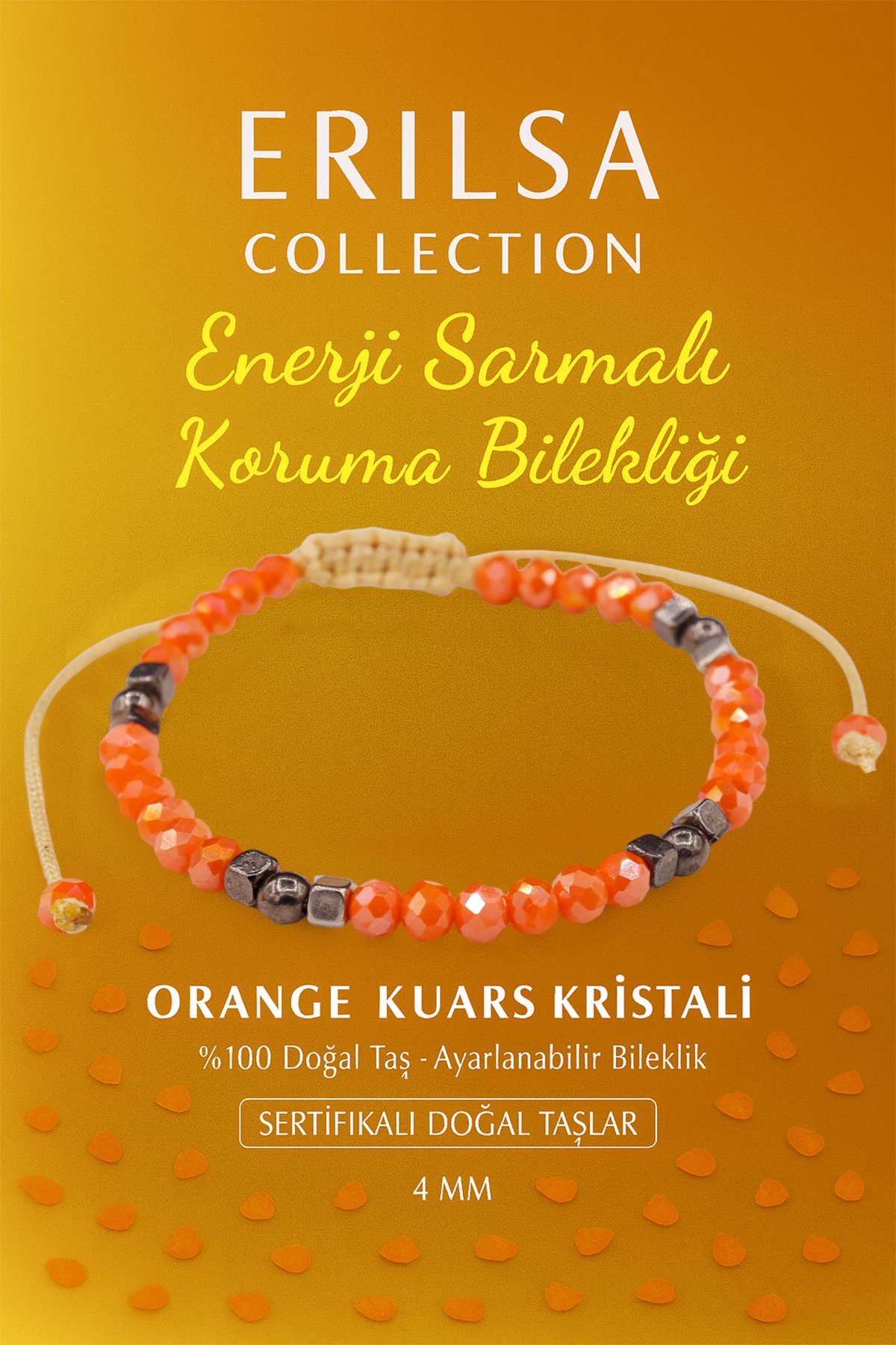 Sertifikalı Enerji Sarmalı Koruma Bilekliği - Orange Kuvars Kristali ve Terahertz Taşı