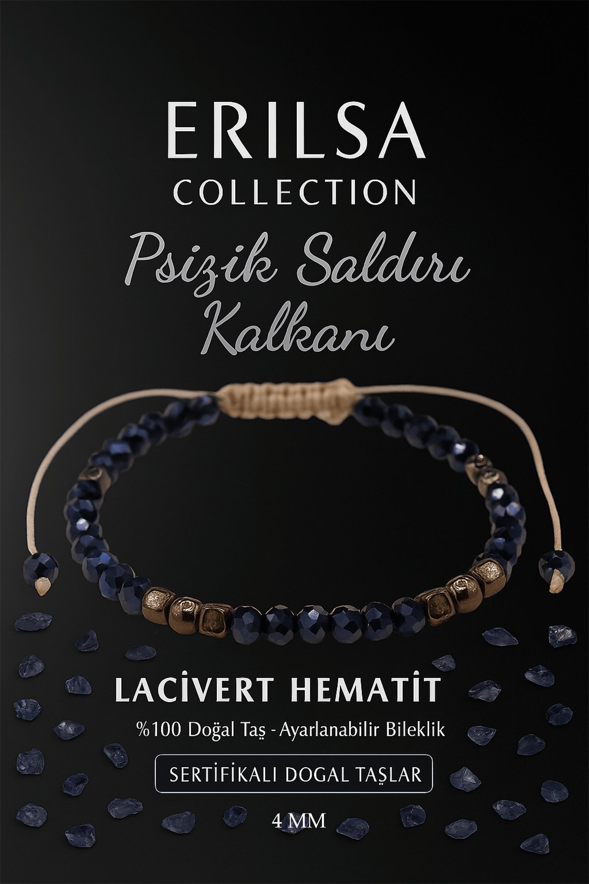 Sertifikalı Psişik Saldırı Kalkanı Koruma Bilekliği - Lacivert Hematit Terahertz Doğal Taş 4mm