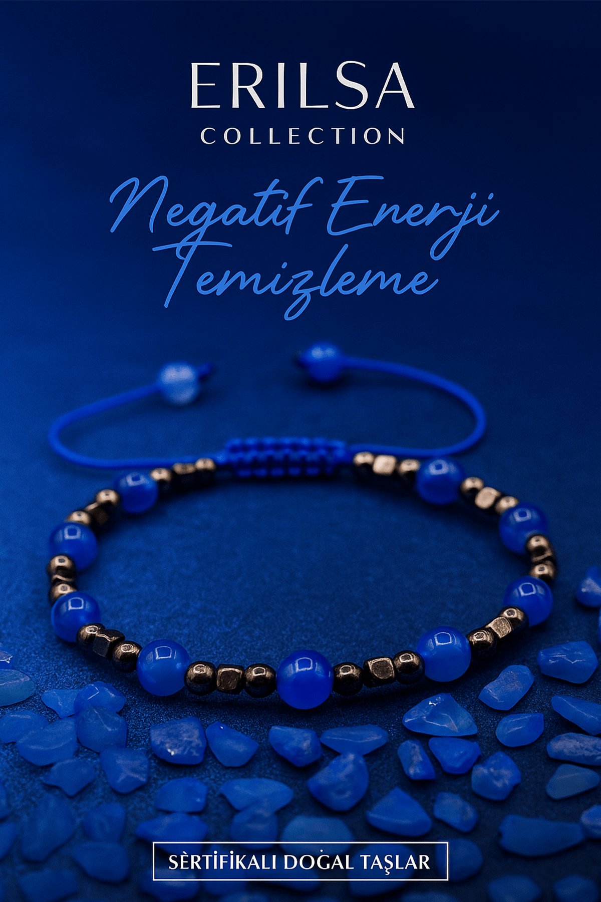 Sertifikalı Negatif Enerji Temizleme Bilekliği – Mavi Akik ve Terahertz – 6 mm