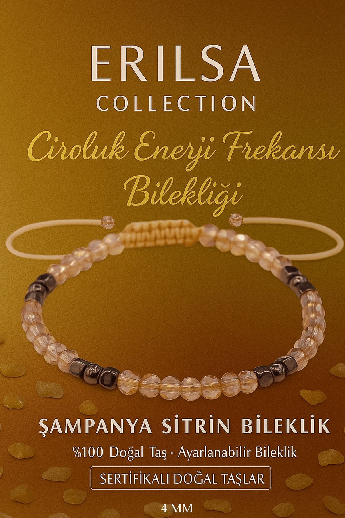 Sertifikalı Şampanya Sitrin Bereket ve Ciro Enerji Frekansı Bilekliği - 4 mm