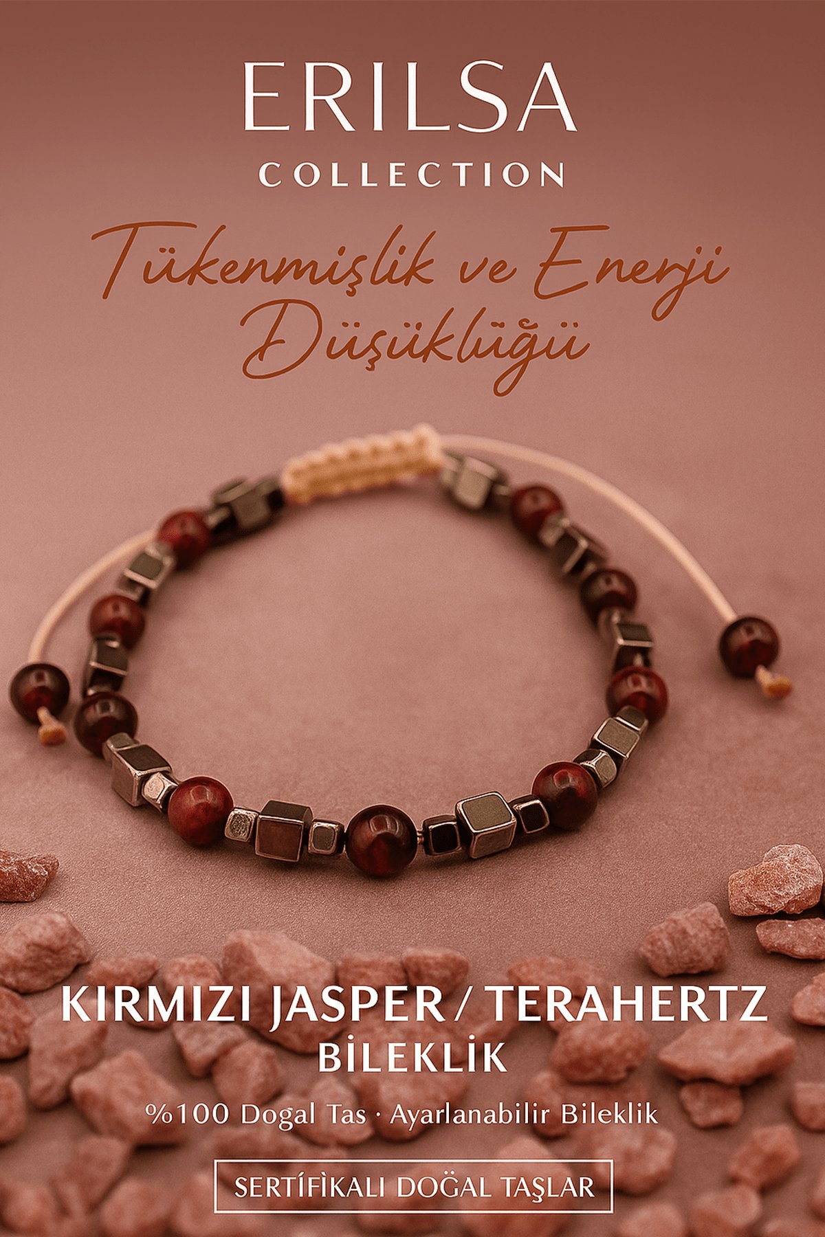 Sertifikalı Tükenmişlik ve Enerji Düşüklüğü Bilekliği - Kırmızı Jasper ve Terahertz Taşı – 6 mm Doğal Taş