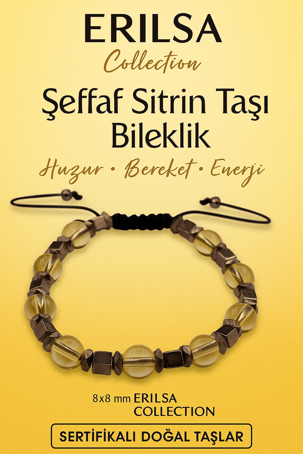 Sertifikalı Şeffaf Sitrin Doğal Taş Bileklik - 8x8 mm Bereket Enerji ve Huzur Taşı