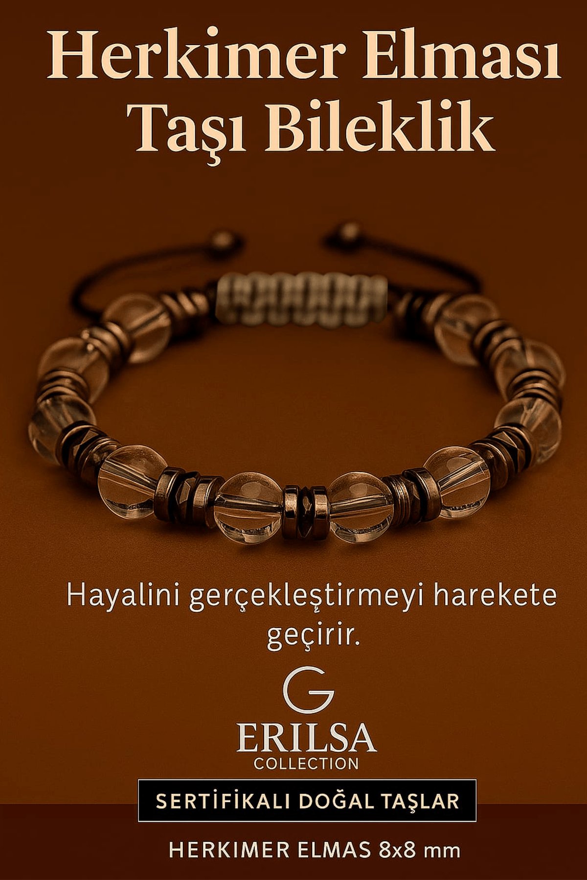 Sertifikalı Herkimer Elması Taşı Bileklik 8x8 mm – Hayalleri Gerçeğe Dönüştüren Enerji Taşı