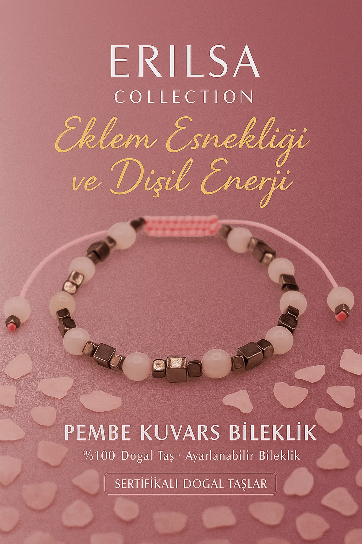 Sertifikalı Eklem Esnekliği ve Dişil Enerji Bilekliği - Pembe Kuvars Terahertz Taşı– Doğal Taş 6 mm