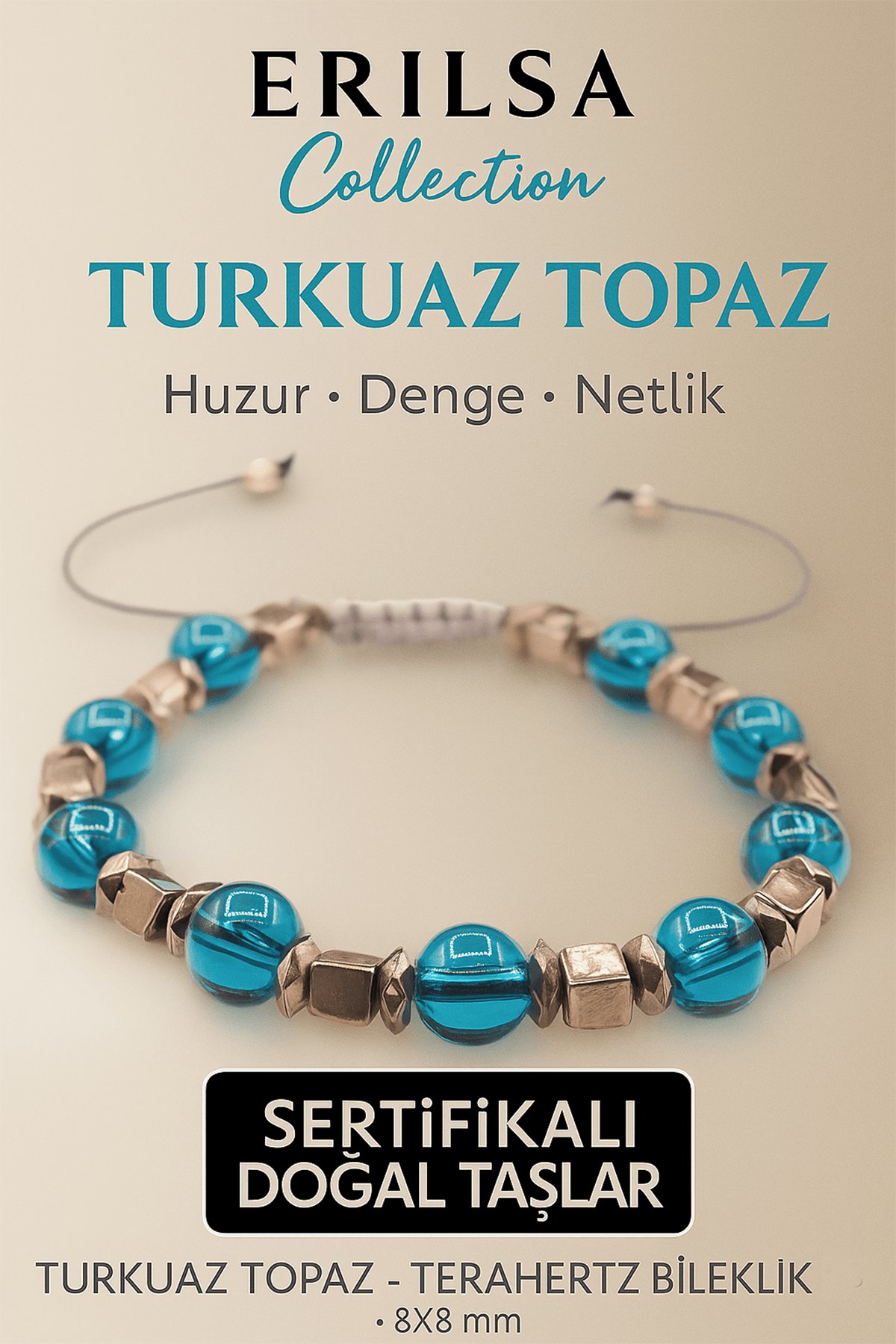 Sertifikalı Turkuaz Topaz Doğal Taş Bileklik - 8x8 mm Huzur Denge Netlik Enerji Taşı