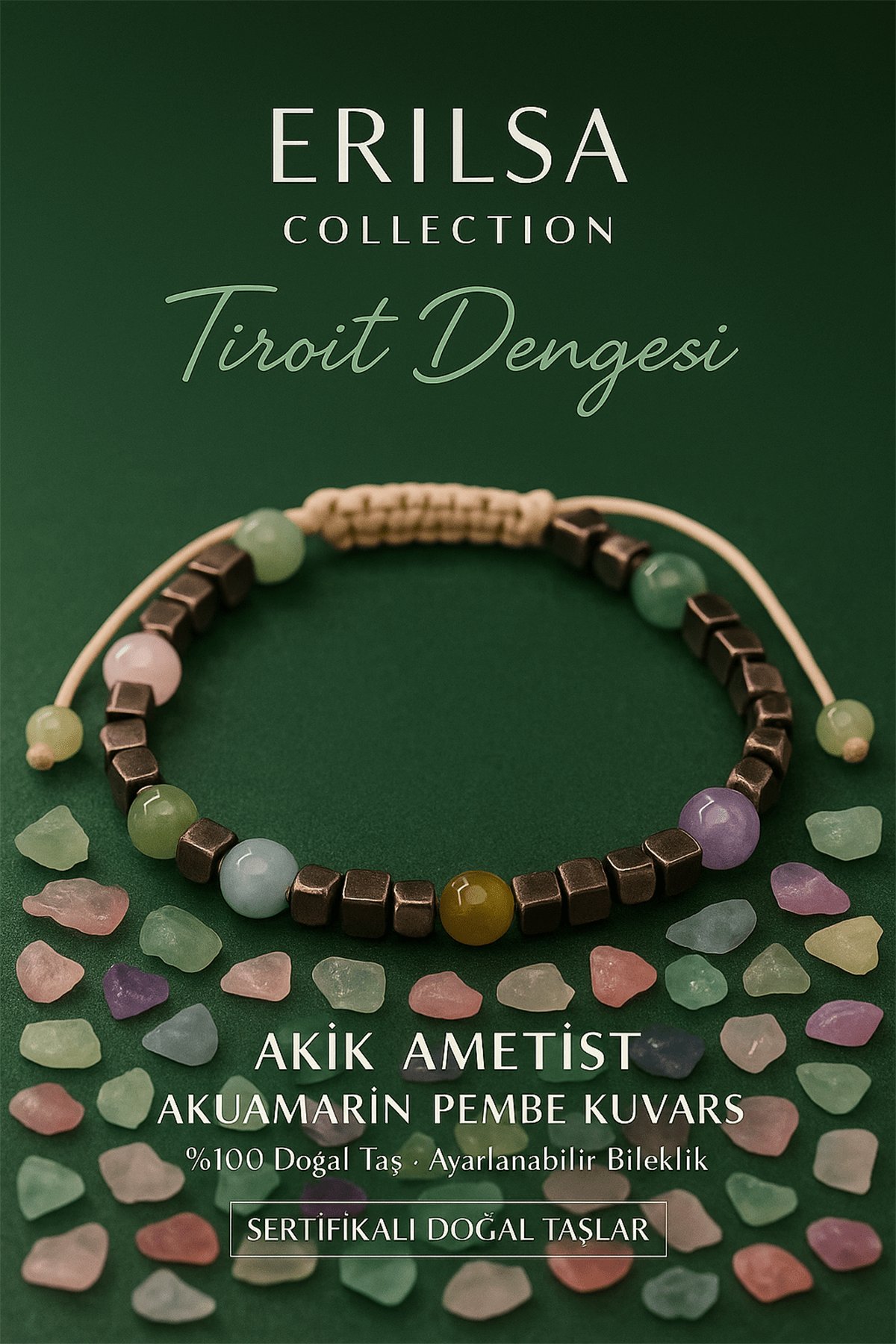 Sertifikalı Tiroit ve Guatr Dengesi Bilekliği – Ametist, Akik, Pembe Kuvars, Akuamarin (6 mm)