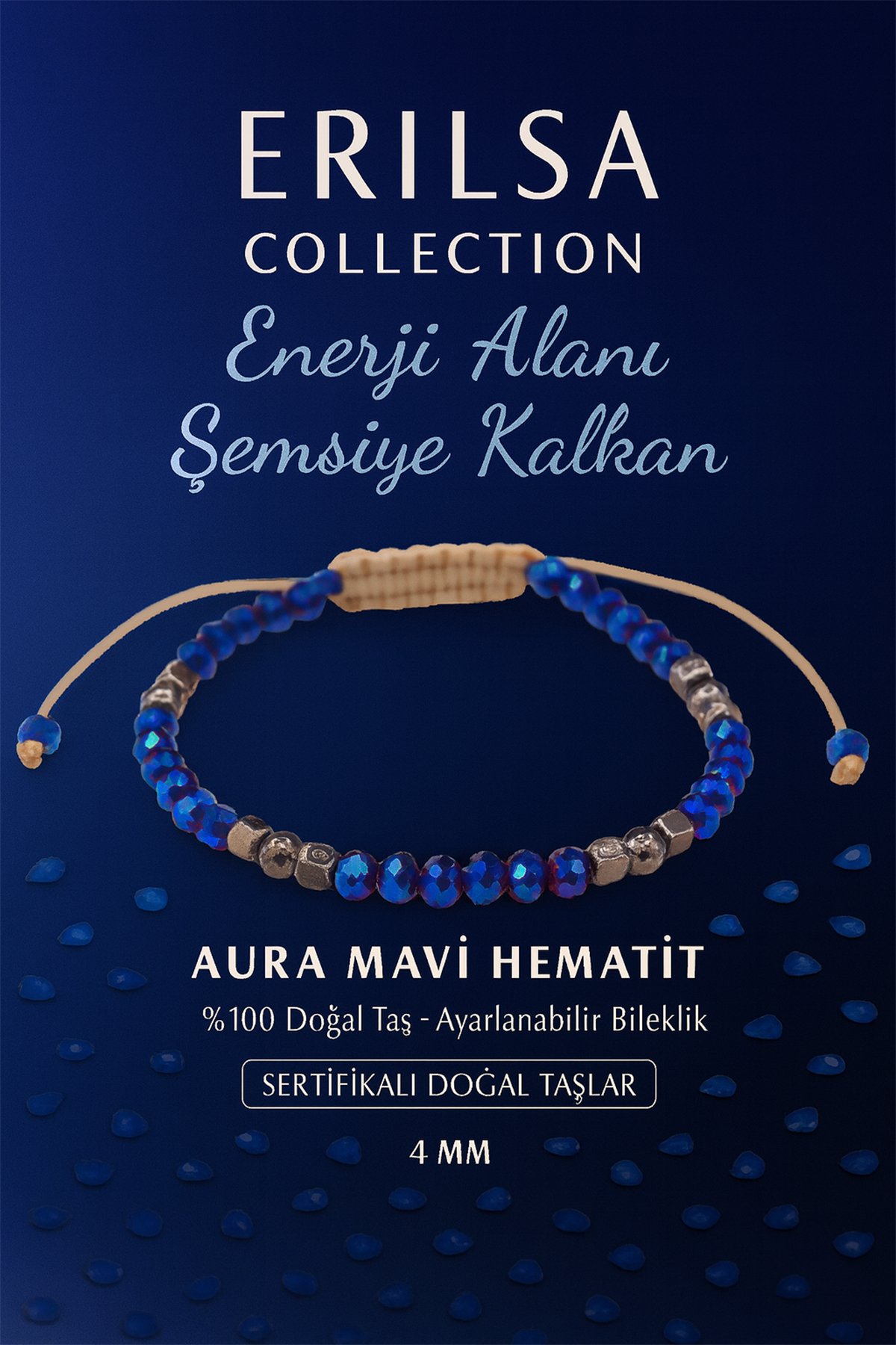 Sertifikalı Enerji Alanı Şemsiye Kalkanı Koruyucu Bilekliği -Aura Mavi Hematit Taşı