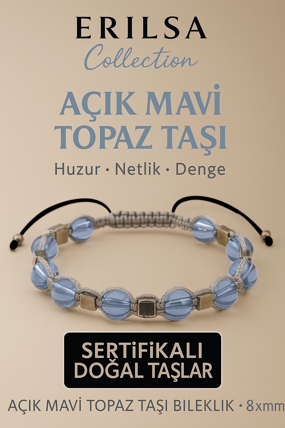 Sertifikalı Açık Mavi Topaz Doğal Taş Bileklik - 8x8 mm Netlik Huzur Güven Enerji Taşı