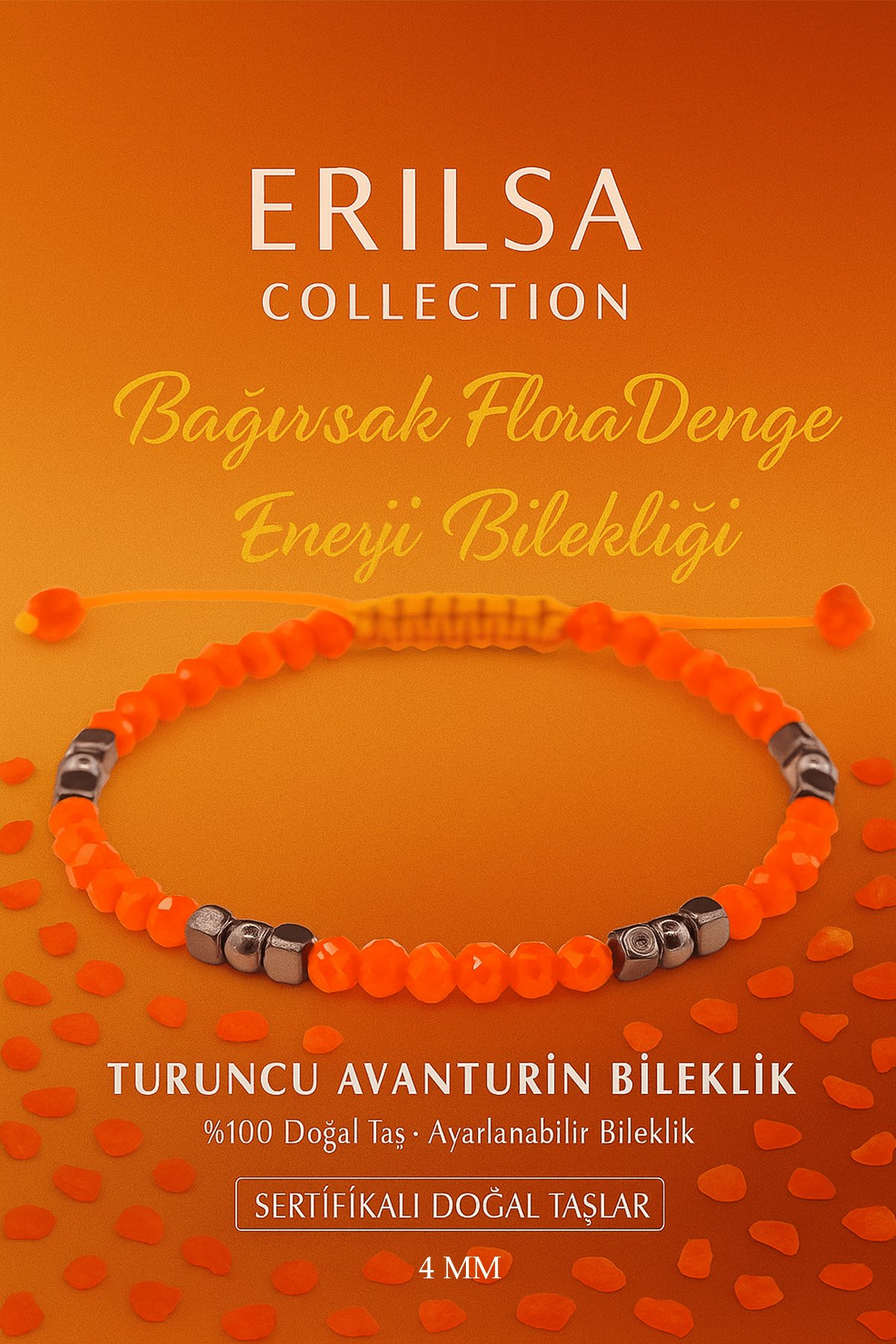 Sertifikalı Bağırsak Flora Denge Enerji Bilekliği - Turuncu Aventurin Terahertz Doğal Taş 4 mm