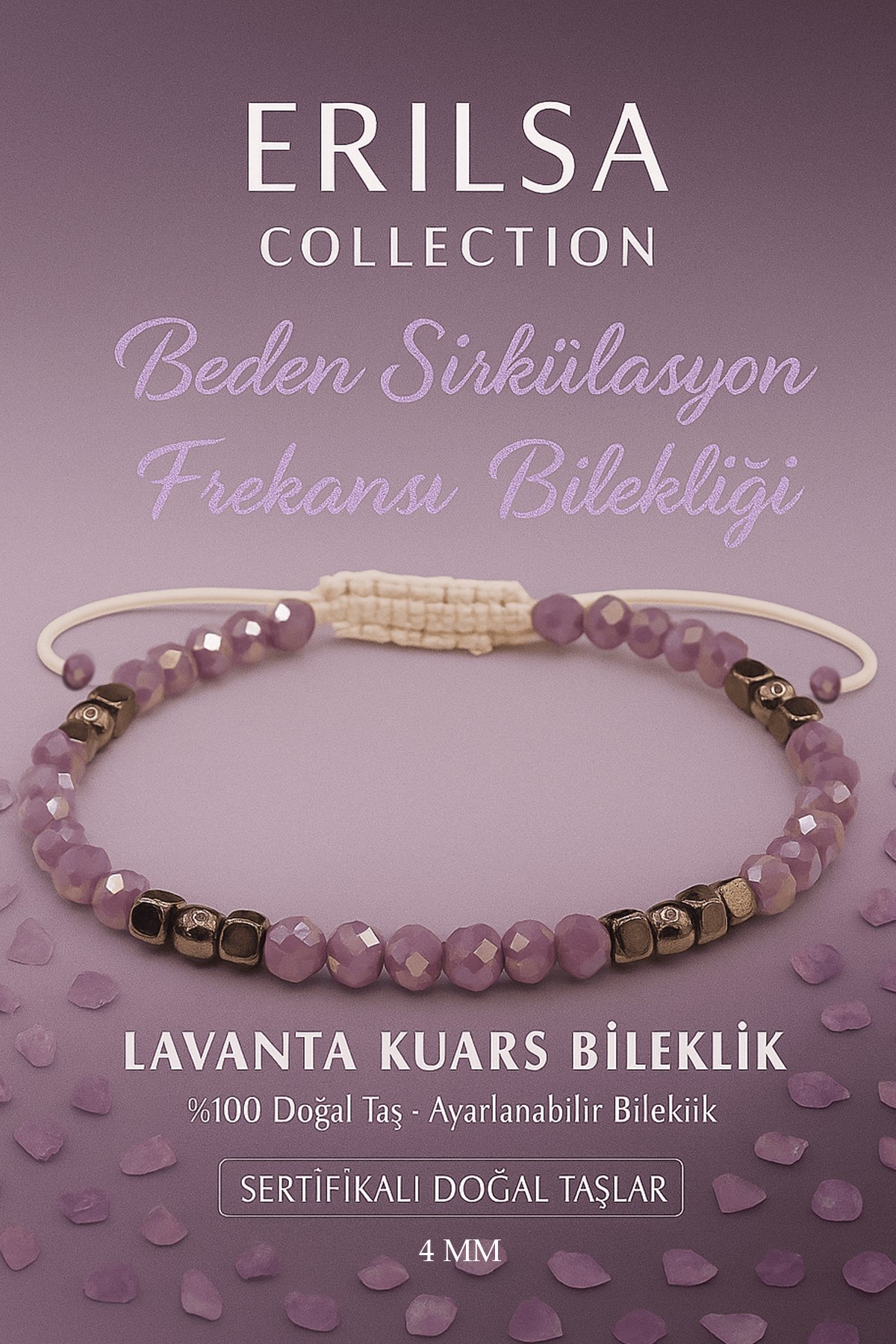 Sertifikalı Beden Sirkülasyon Frekansı Bilekliği -  Lavanta Kuvars Terahertz Doğal Taş 4 mm