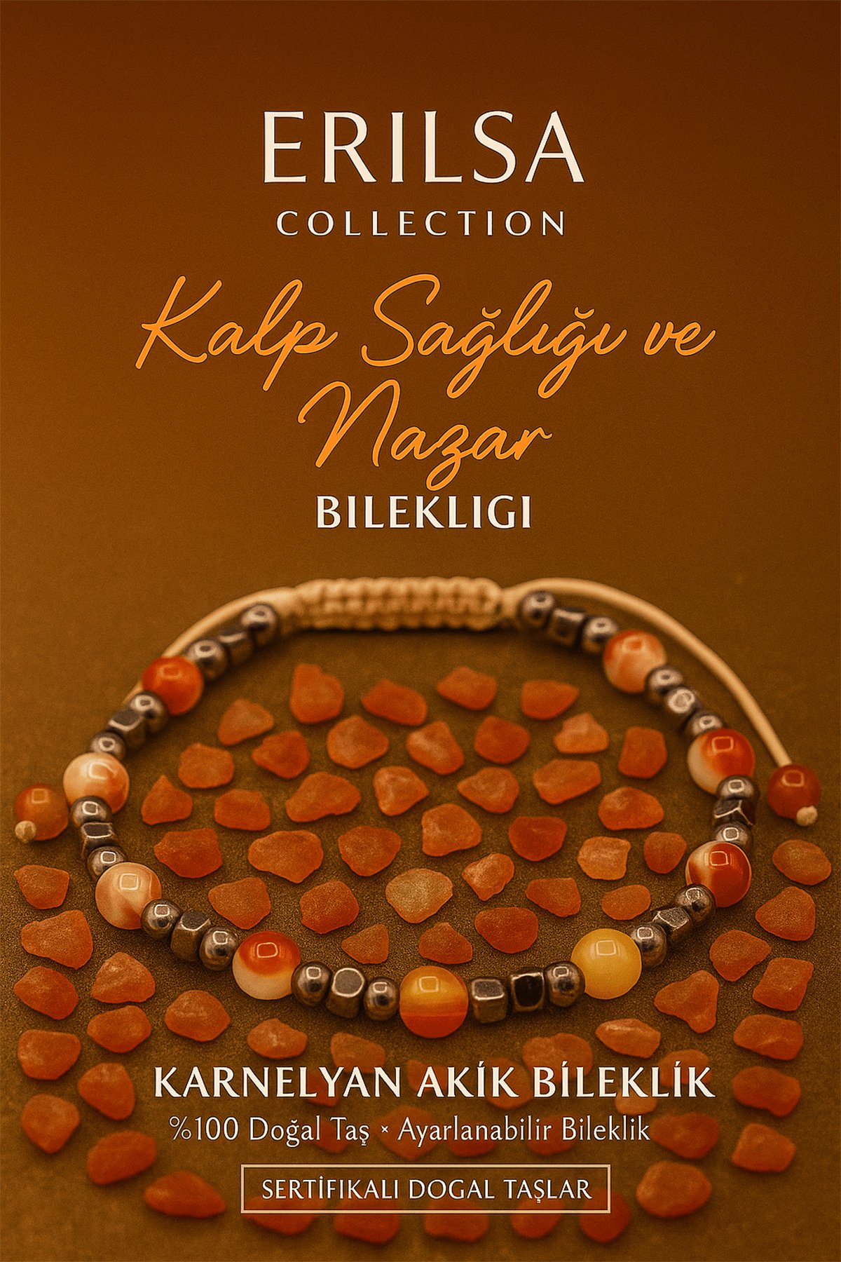Sertifikalı Kalp Sağlığı ve Nazar Bilekliği – Karnelyan Akik - Terahertz (6 mm)
