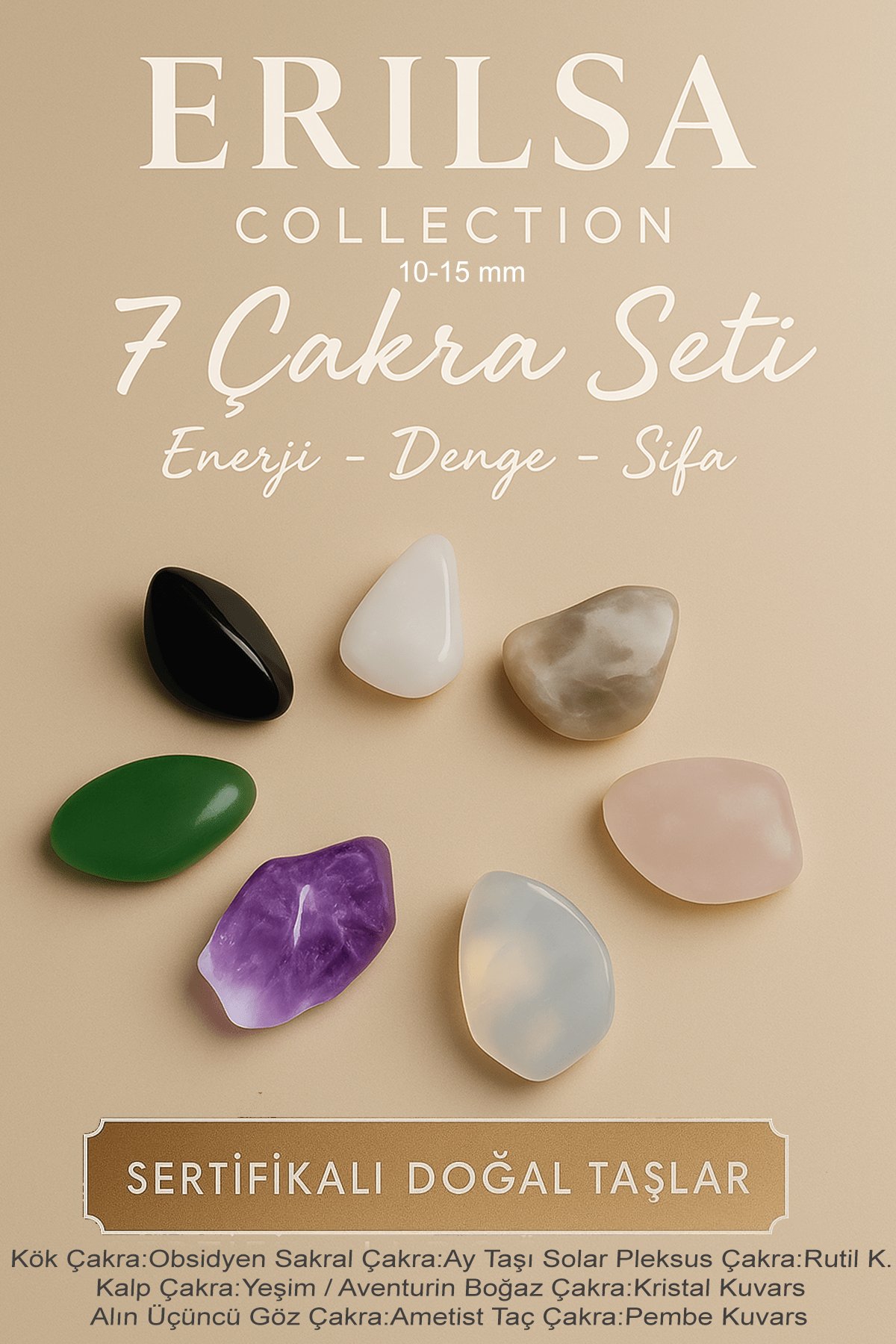 Sertifikalı 7 Çakra Doğal Taş Kütle Seti 10-15 mm – Enerji Denge ve Şifa El Cep Taşları