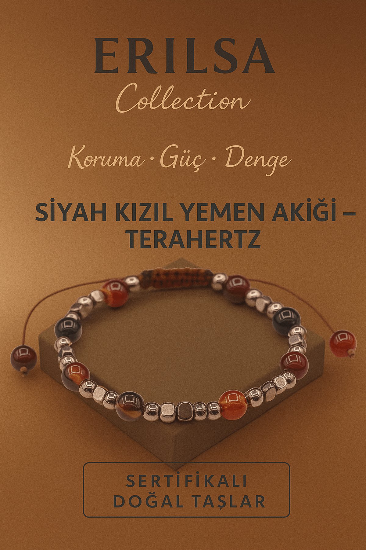 Sertifikalı Terahertz Siyah Kızıl Yemen Akiği Doğal Taş Bileklik Koruma ve Denge Enerjisi