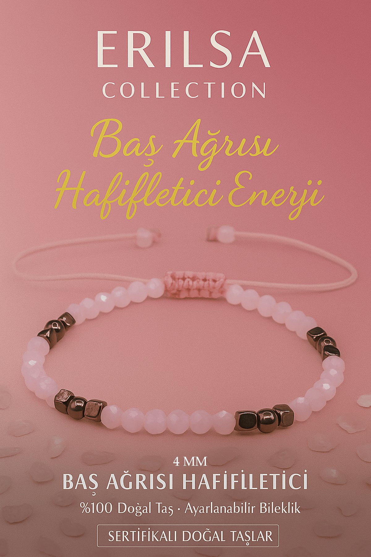 Sertifikalı Baş Ağrısı Hafifletici Enerji Bilekliği – Pembe Kuvars Terahertz İnce Model