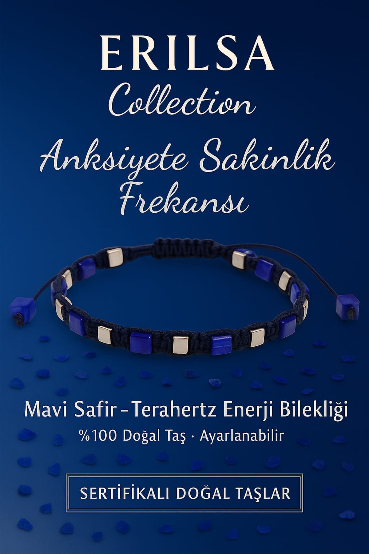 Sertifikalı Anksiyete Sakinlik Frekansı Enerji Bilekliği – Mavi Safir ve Terahertz Doğal Taş