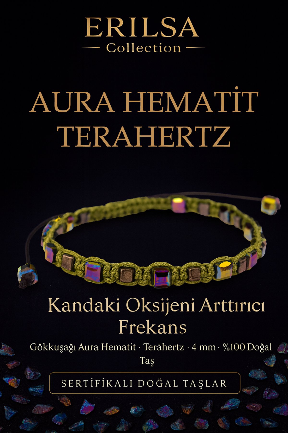 Sertifikalı Kandaki Oksijeni Artırıcı Frekans Bilekliği – Aura Hematit ve Terahertz Doğal Taş 4 mm