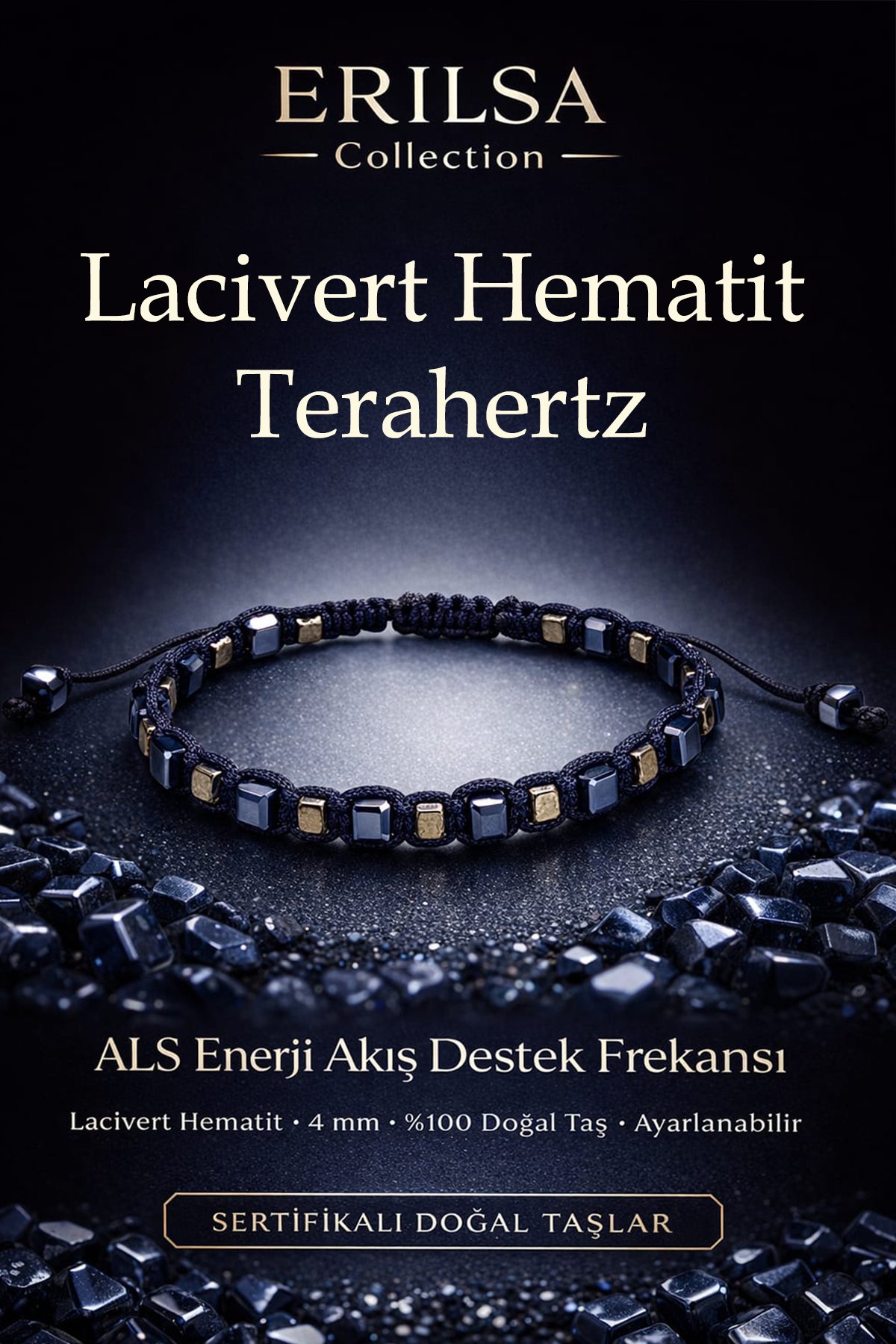 Sertifikalı ALS Enerji Akış Destek Frekansı Bilekliği – Lacivert Hematit ve Terahertz Doğal Taş