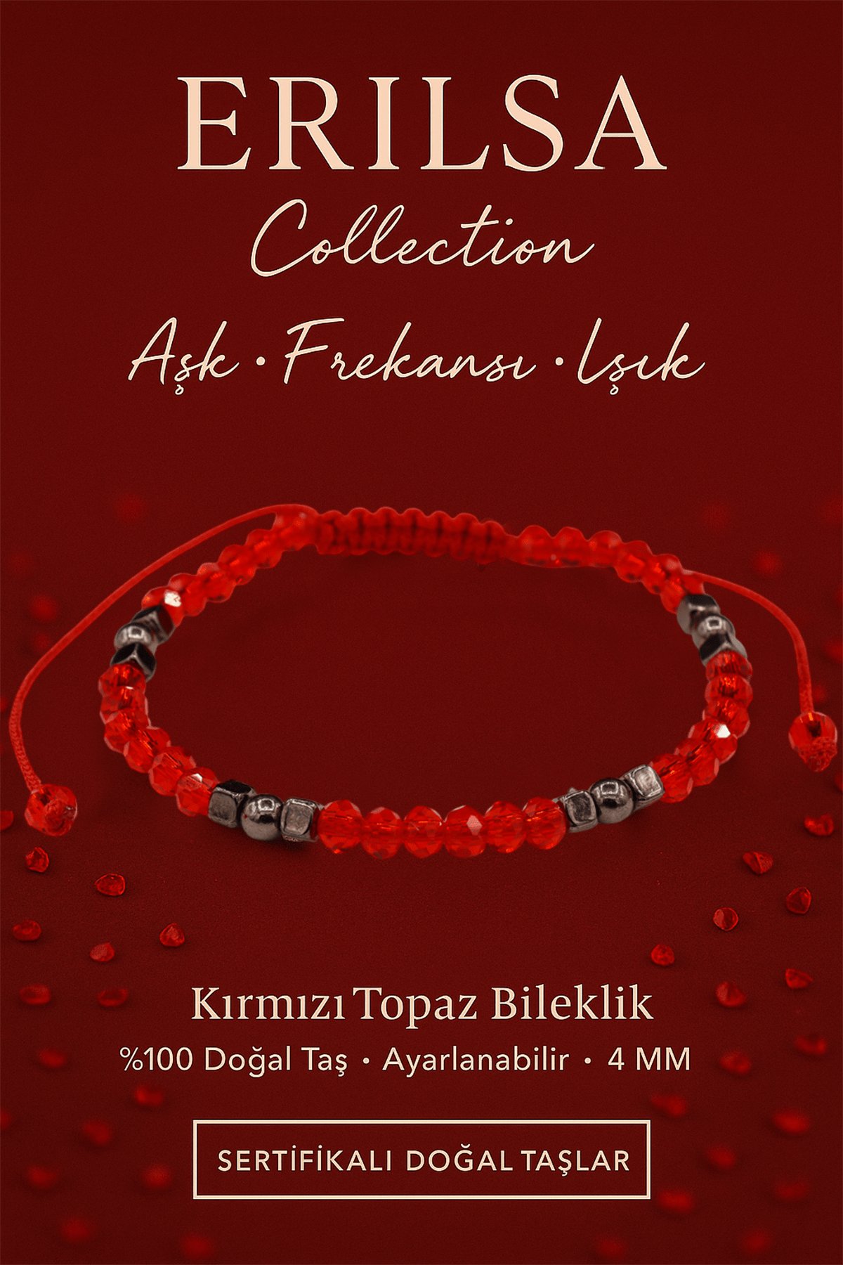 Sertifikalı Aşk Frekansı Işık Enerji Bilekliği – Kırmızı Topaz ve Terahertz Doğal Taş 4 mm